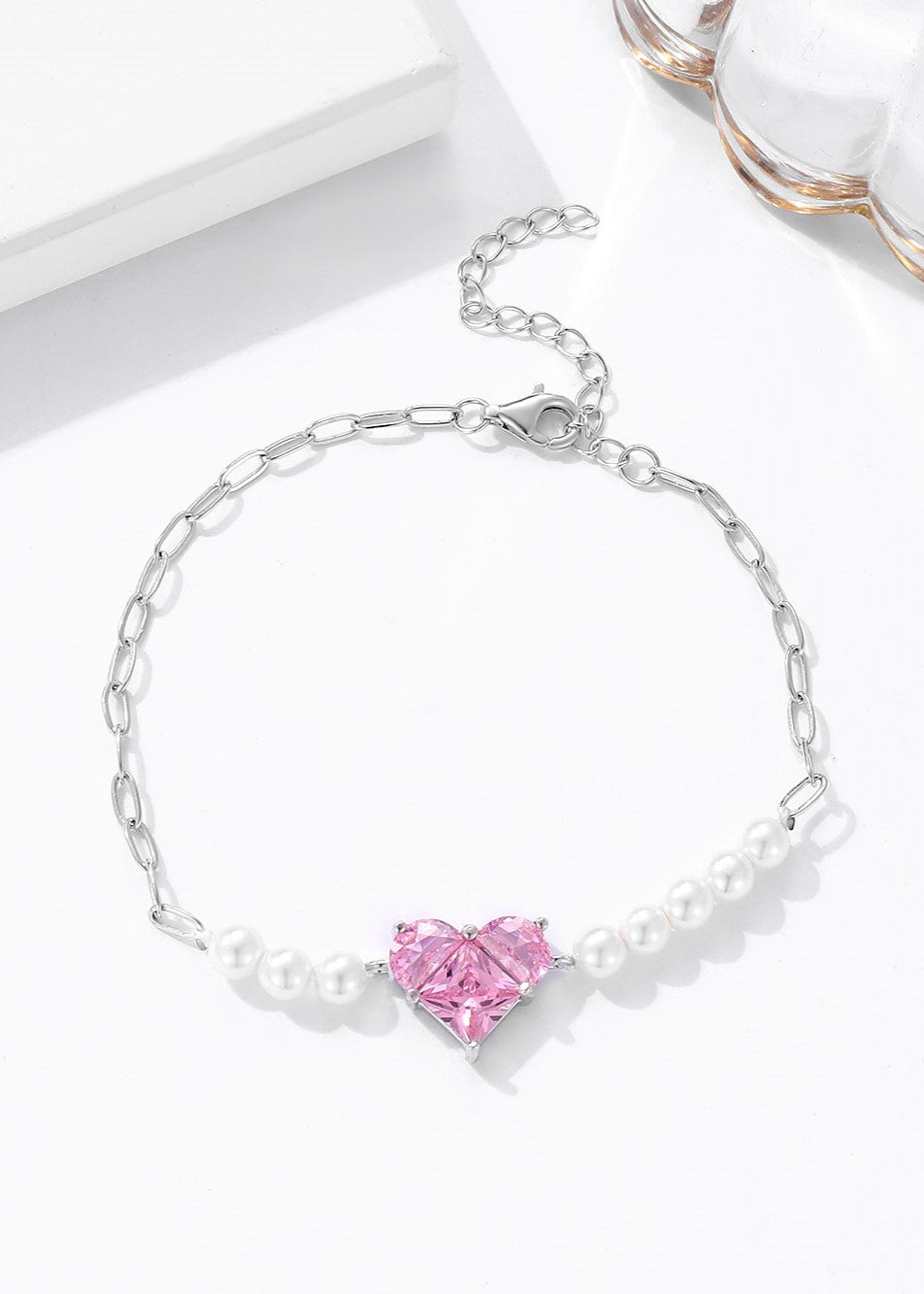 Pearl and Pink Glow Silver Heart Bracelet