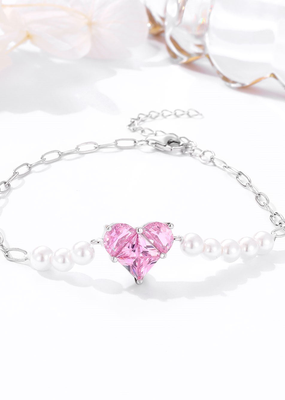 Pearl and Pink Glow Silver Heart Bracelet