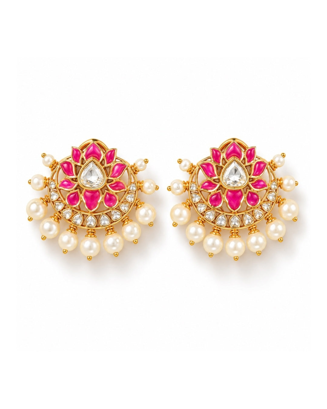 Magenta Lotus Polki Pearl Fringe Earrings