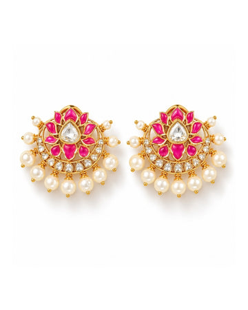 Magenta Lotus Polki Pearl Fringe Earrings