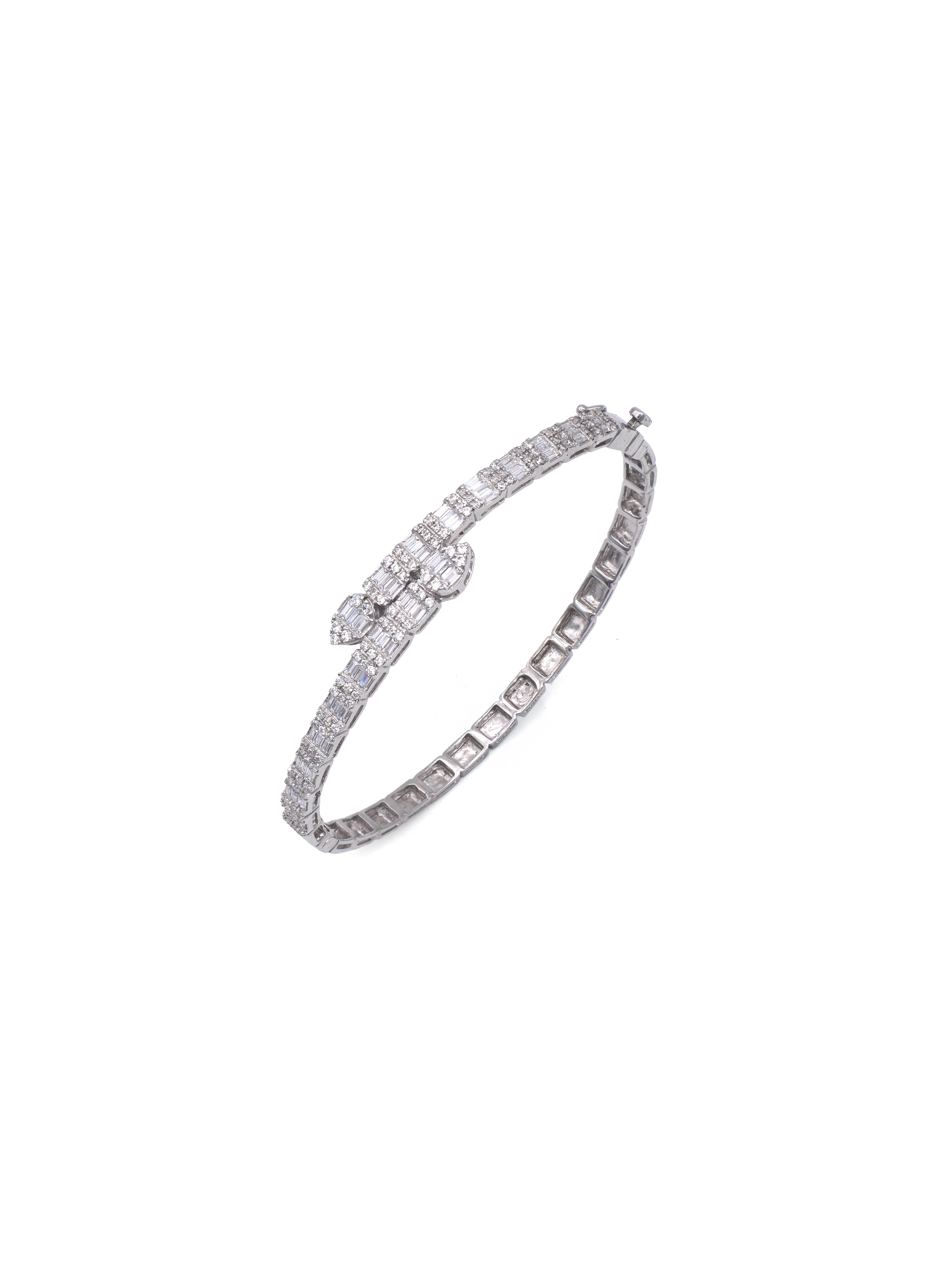 Silver bracelet with clear stones on a white background