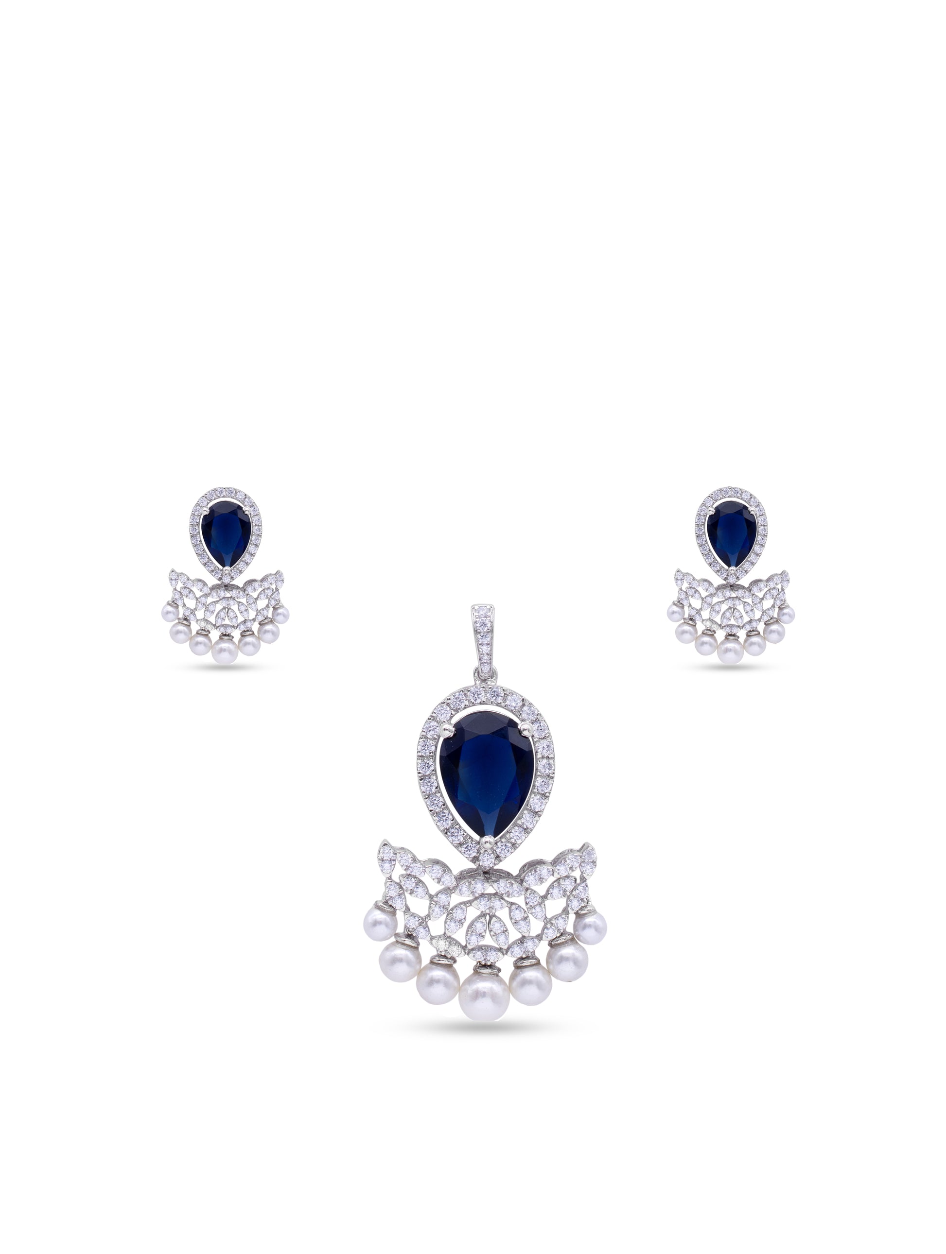 Blue stone silver necklace and earrings set with white Swarovski zircon and pearls for women in Dubai