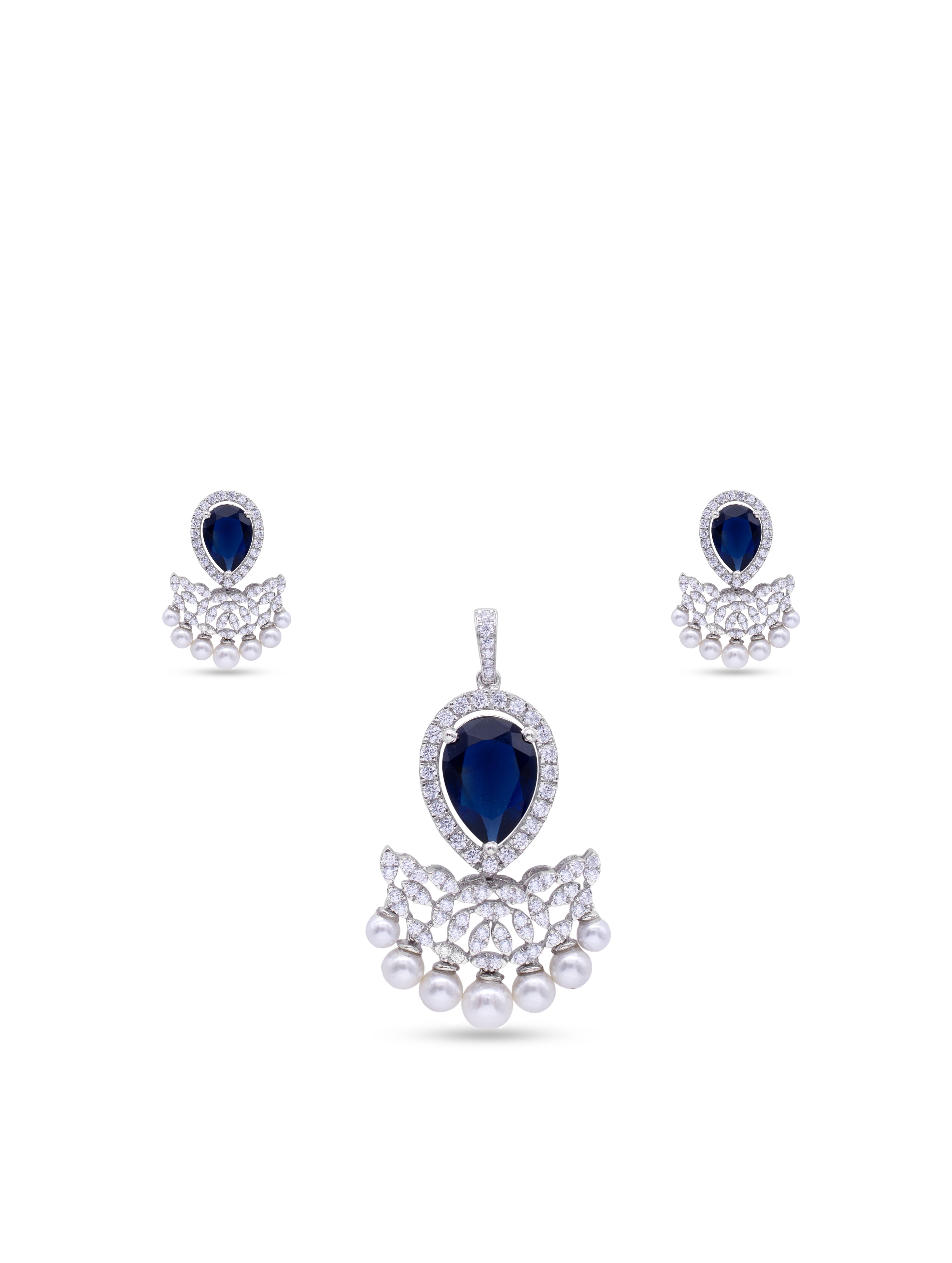 Blue stone silver necklace and earrings set with white Swarovski zircon and pearls for women in Dubai