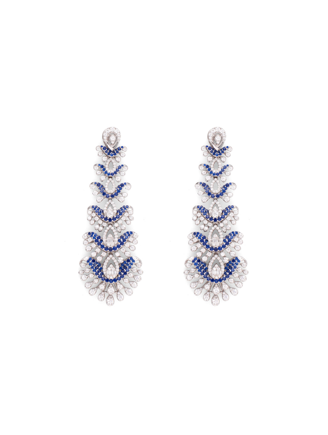 Pair of earrings with blue and white beads on a white background