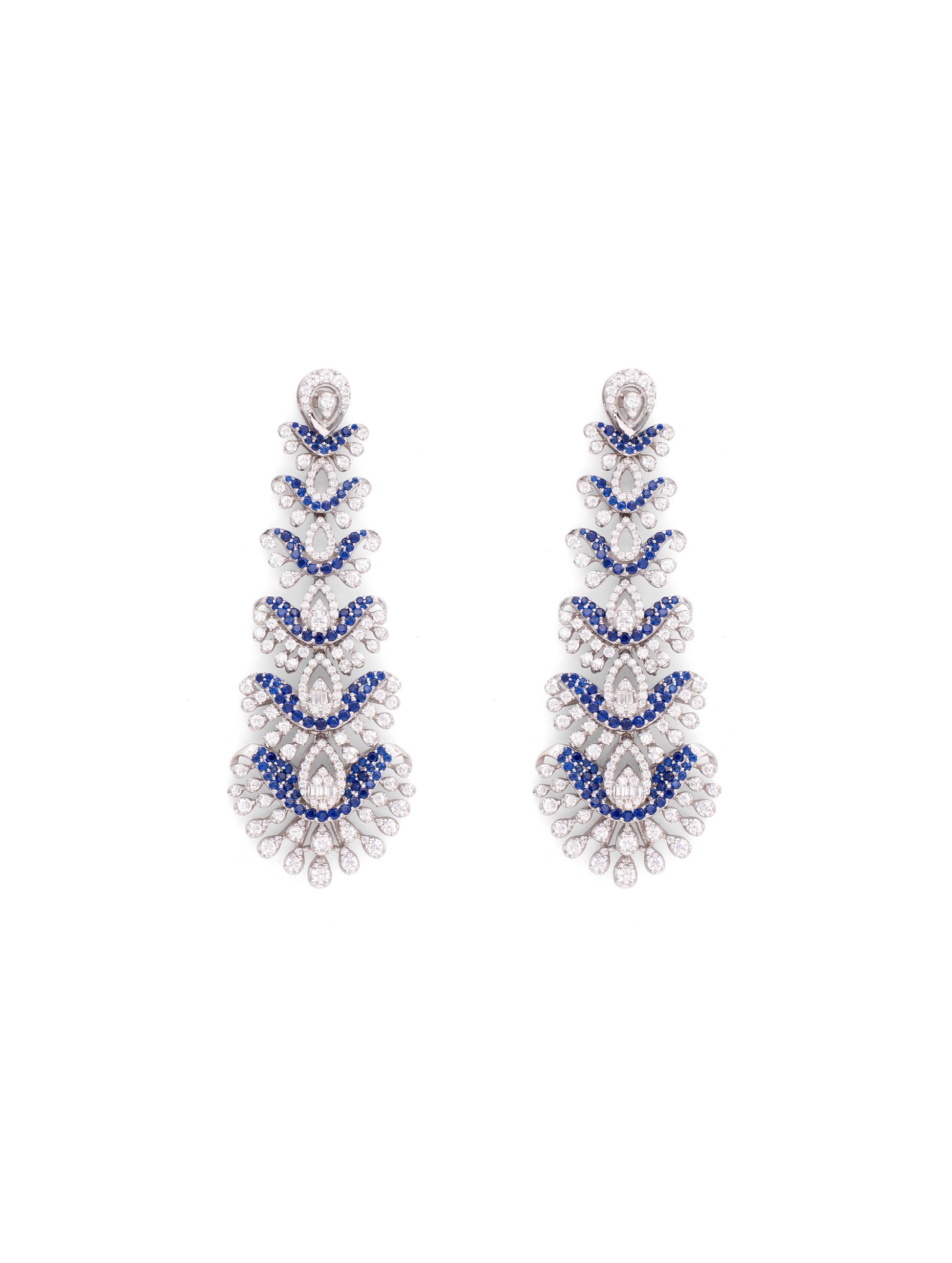 Pair of earrings with blue and white beads on a white background