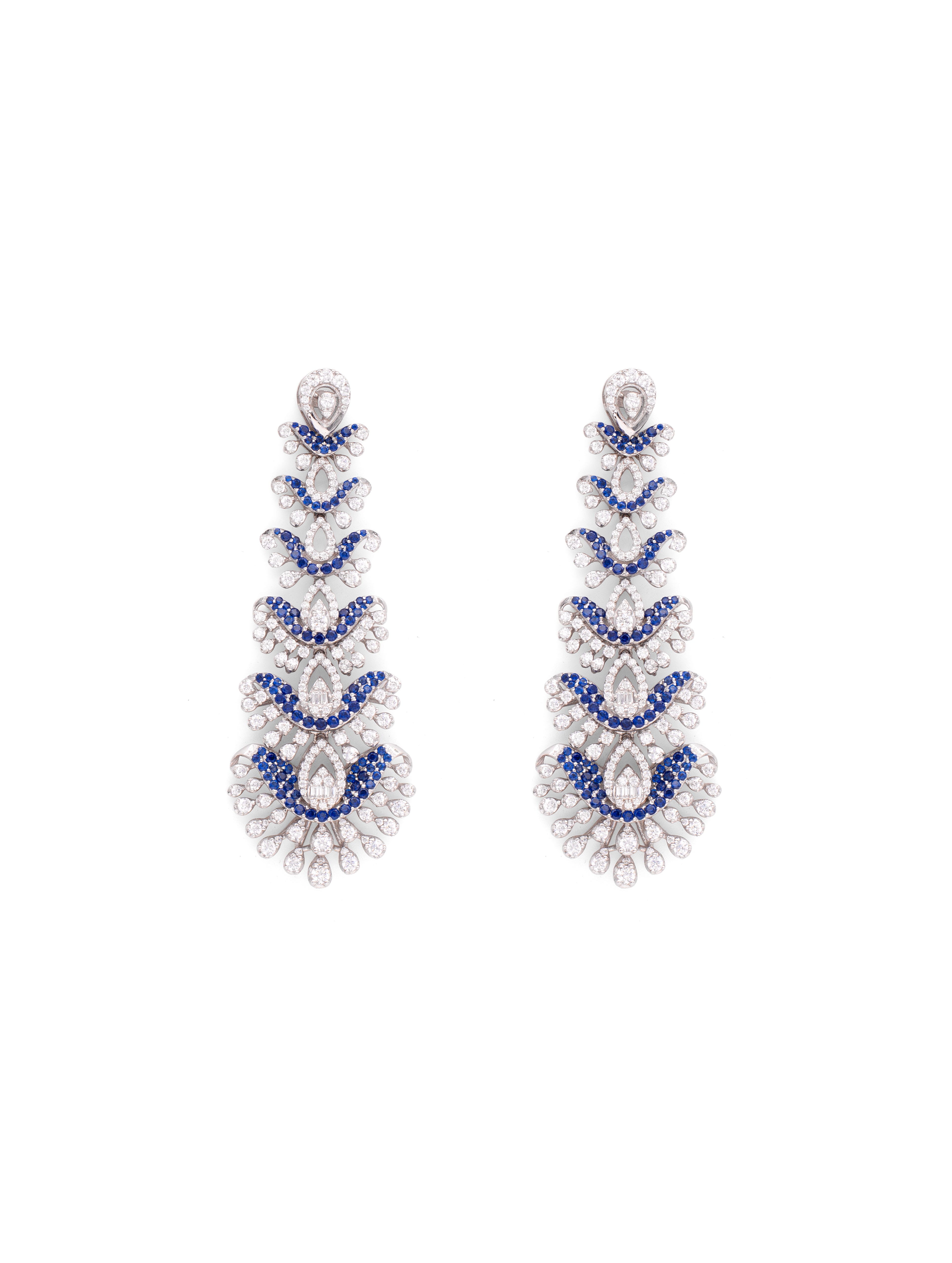 Pair of earrings with blue and white beads on a white background