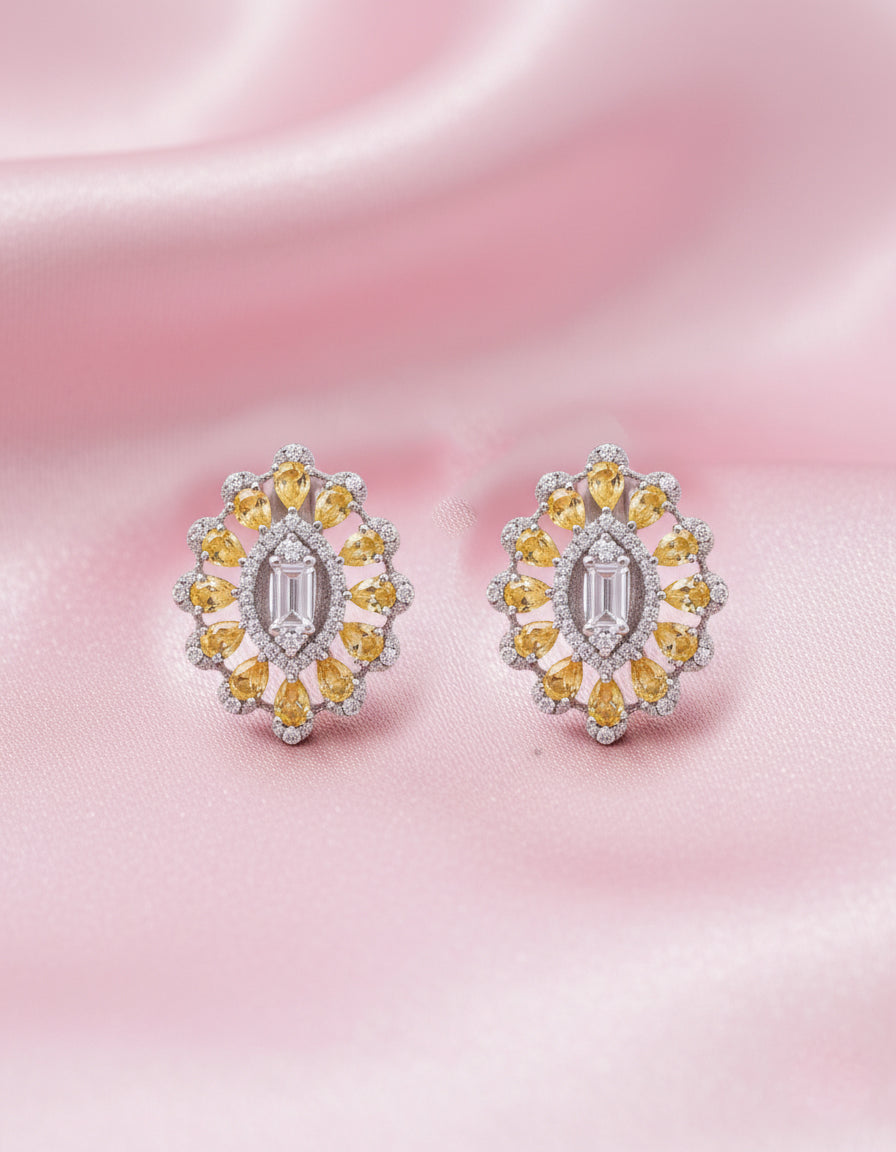 Golden Glow 925 Silver White & Yellow Swarovski Stone Oval Earrings