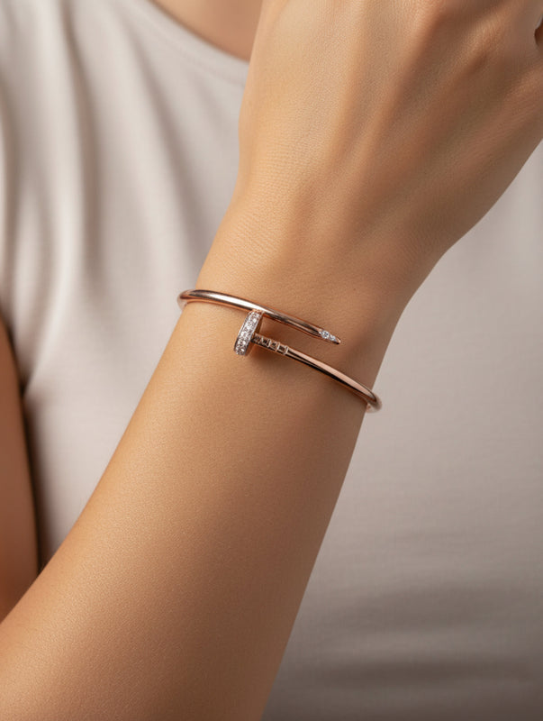 Rose Gold-Tone Twisted Nail Bangle & Hoop Earrings Set with White Swarovski Zircon
