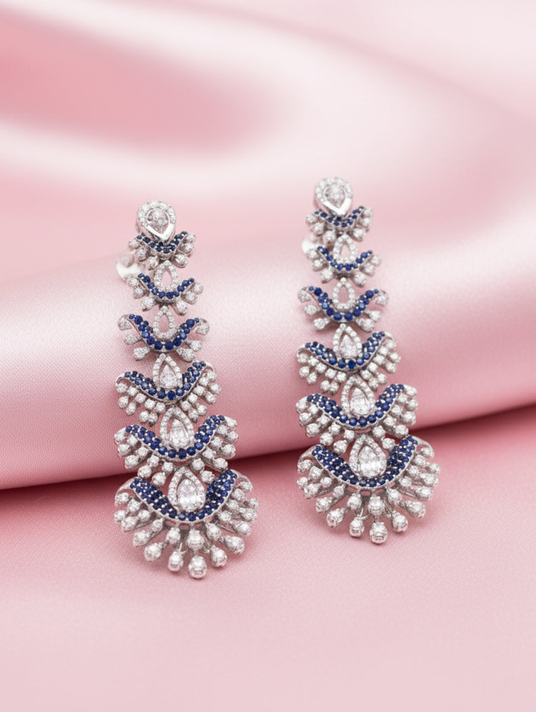 Exquisite 925 Sterling Silver Drop Earrings with Blue and White Stones