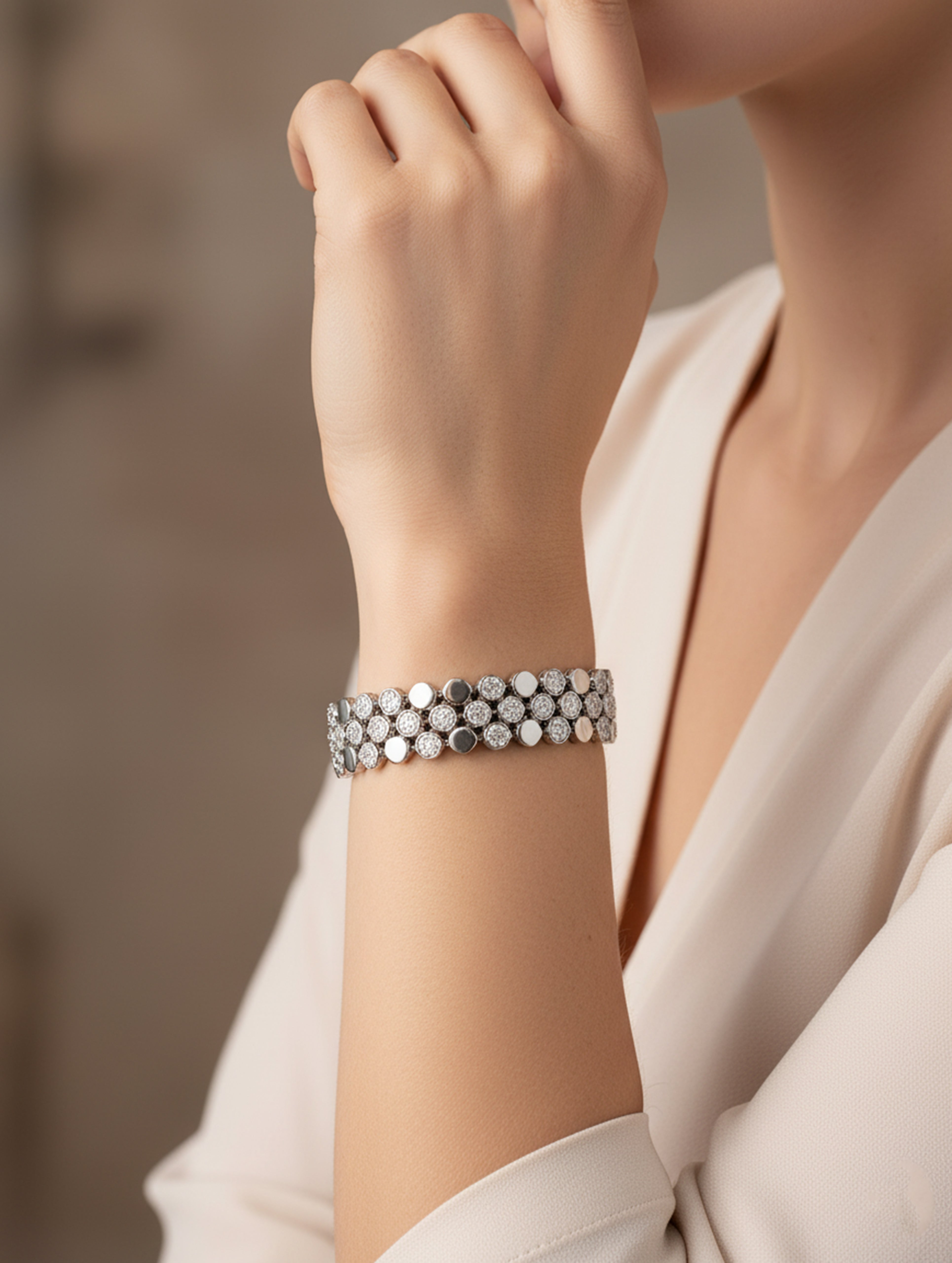 Triple Layered Cubic Design 925 Silver Bracelet with White Swarovski Zircon Stones
