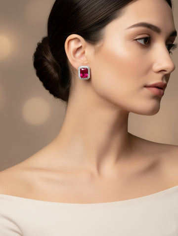 925 Sterling Silver Red Solitaire Stud Earrings with White Swarovski Zircons