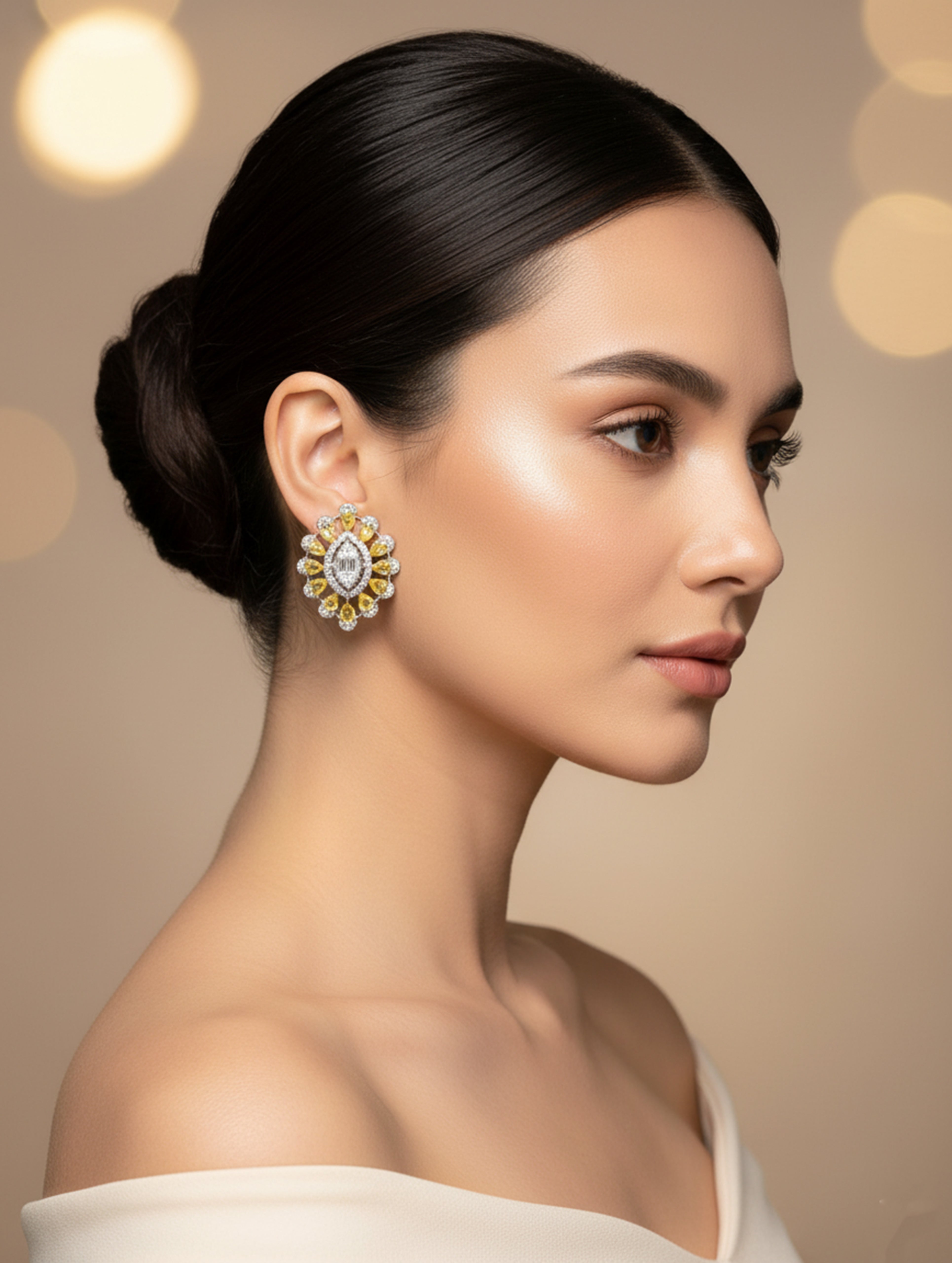 Golden Glow 925 Silver White & Yellow Swarovski Stone Oval Earrings