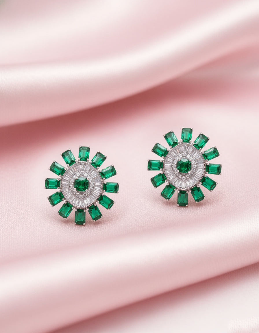 Emerald Glow 925 Silver White Swarovski Zircon & Green Stone Stud Earrings