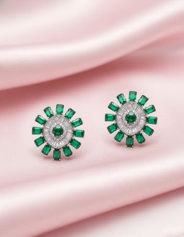 Emerald Glow 925 Silver White Swarovski Zircon & Green Stone Stud Earrings