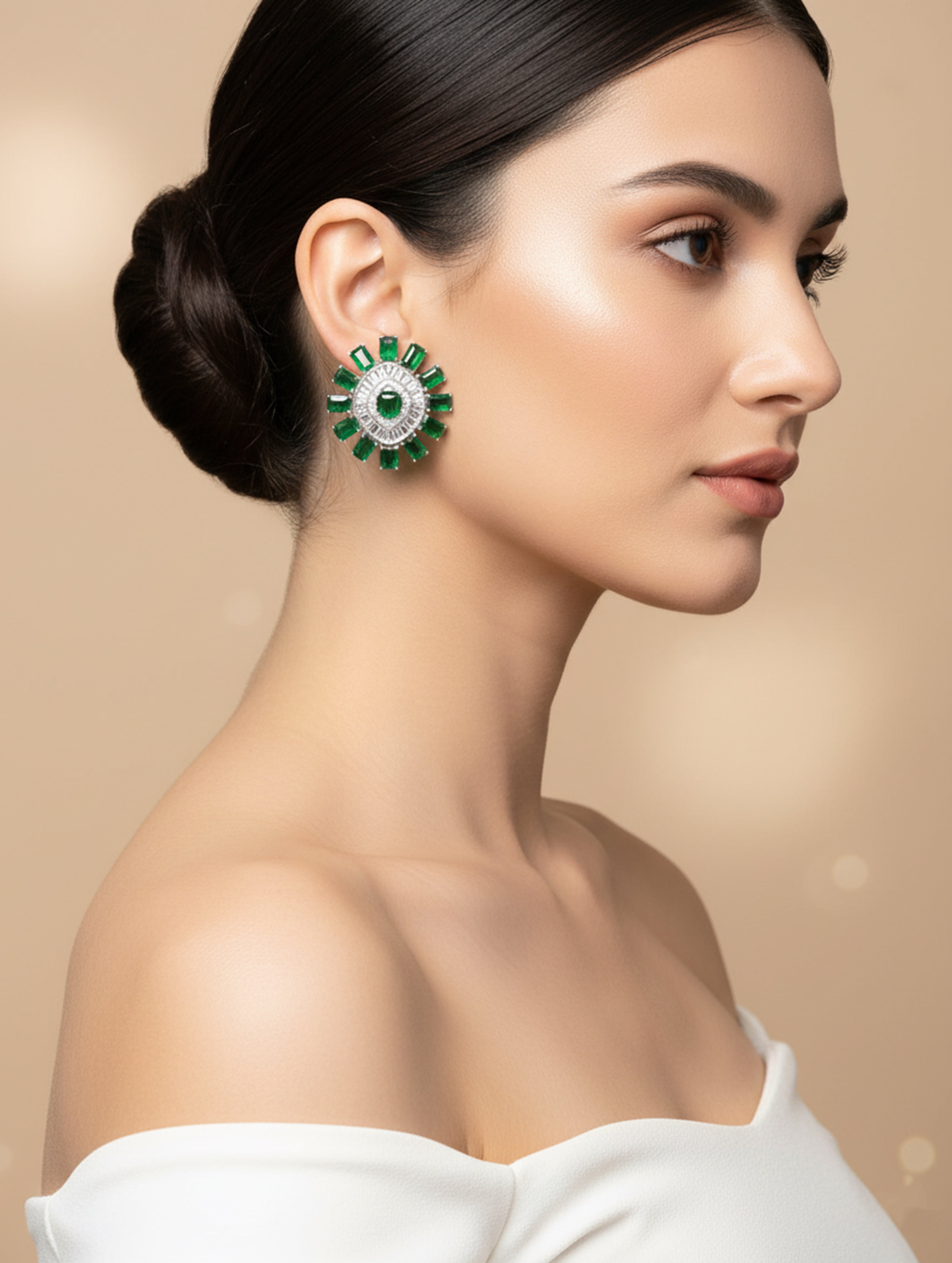 Emerald Glow 925 Silver White Swarovski Zircon & Green Stone Stud Earrings