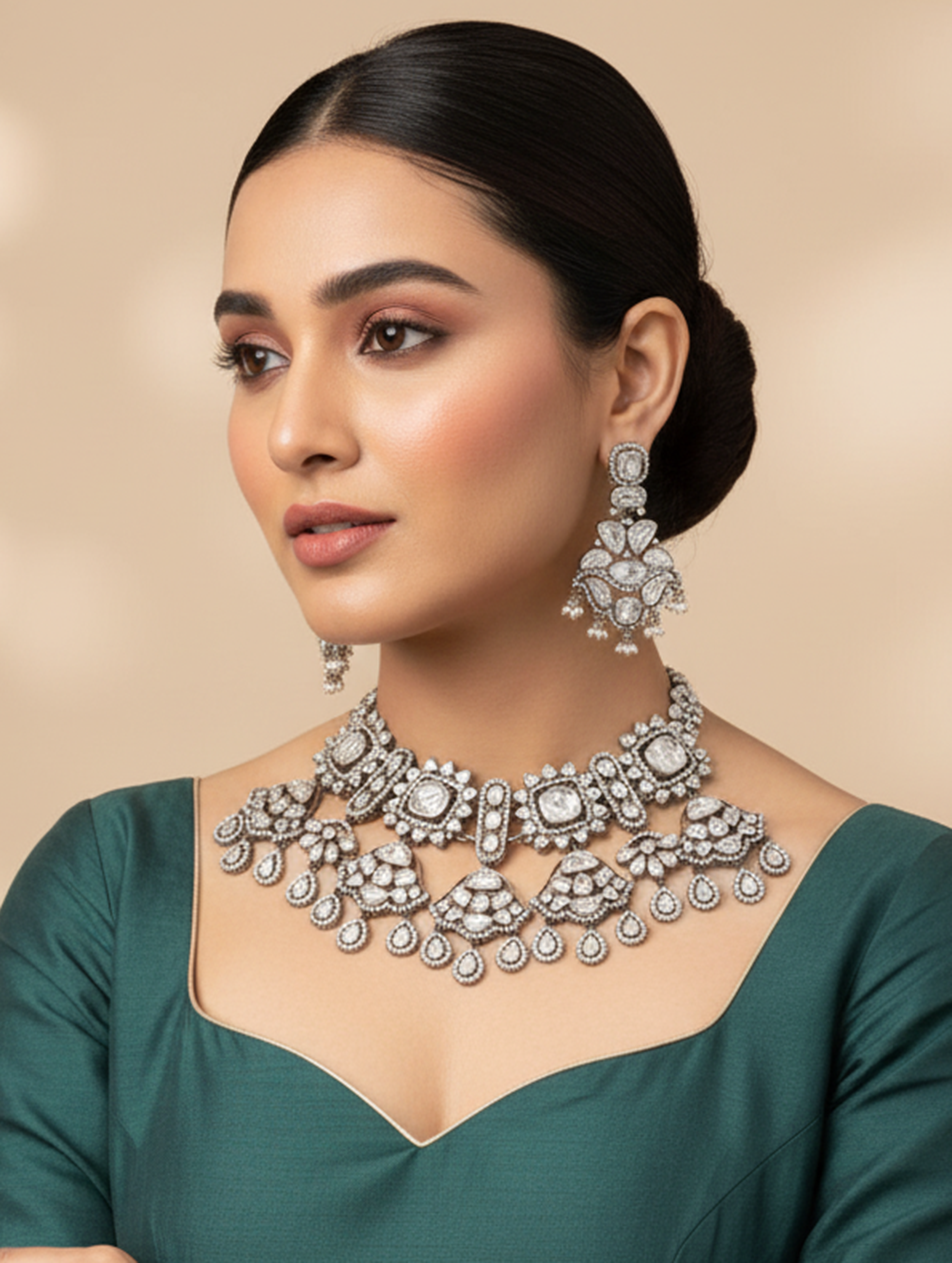 Regal Allure 925 Silver White Kundan Necklace Set
