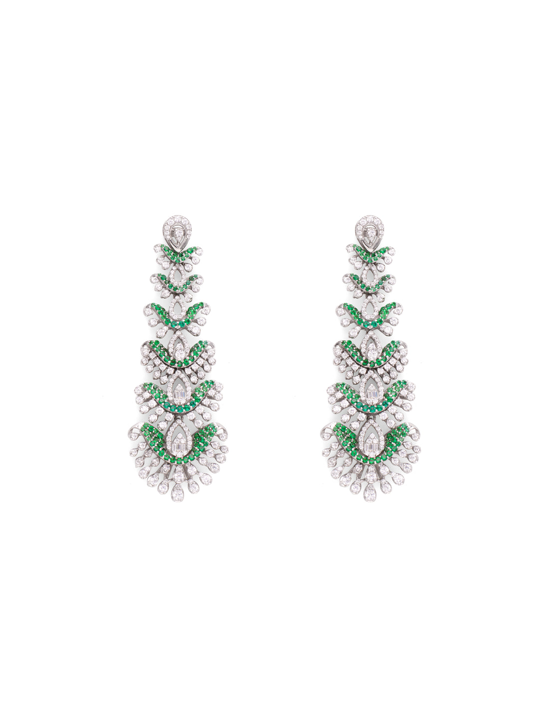 Pair of earrings with green and clear gemstones on a white background
