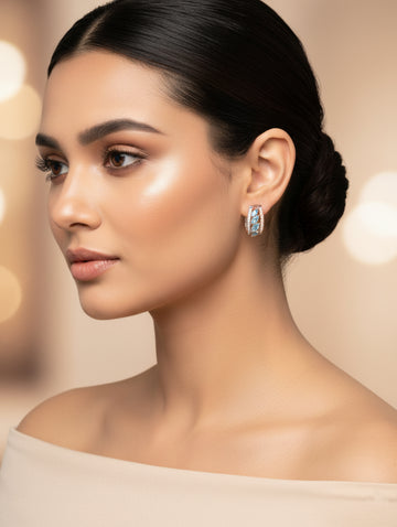 925 Sterling Silver Bali Earrings with White Swarovski Zircons and Sky-Blue Stones