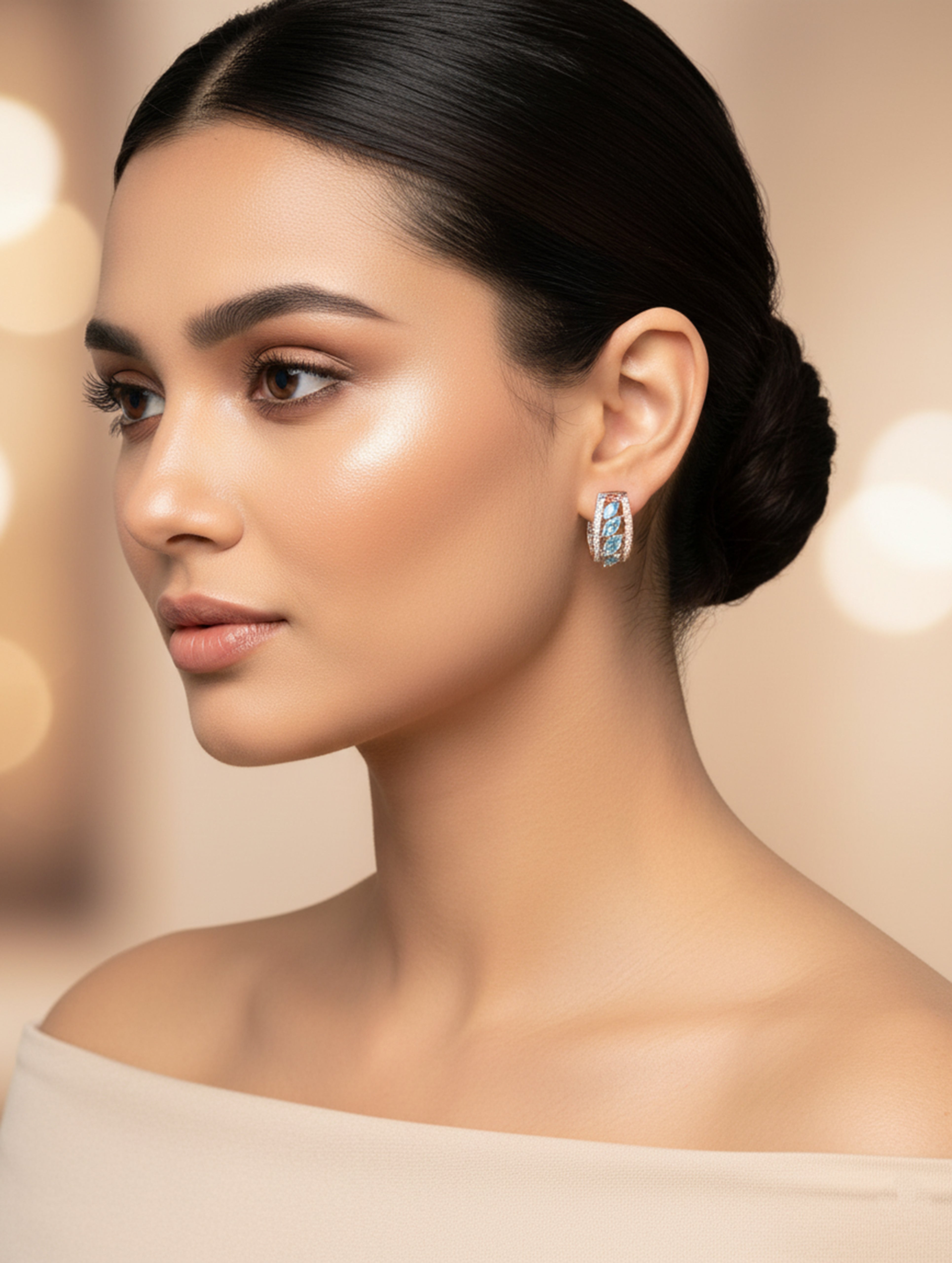 925 Sterling Silver Bali Earrings with White Swarovski Zircons and Sky-Blue Stones