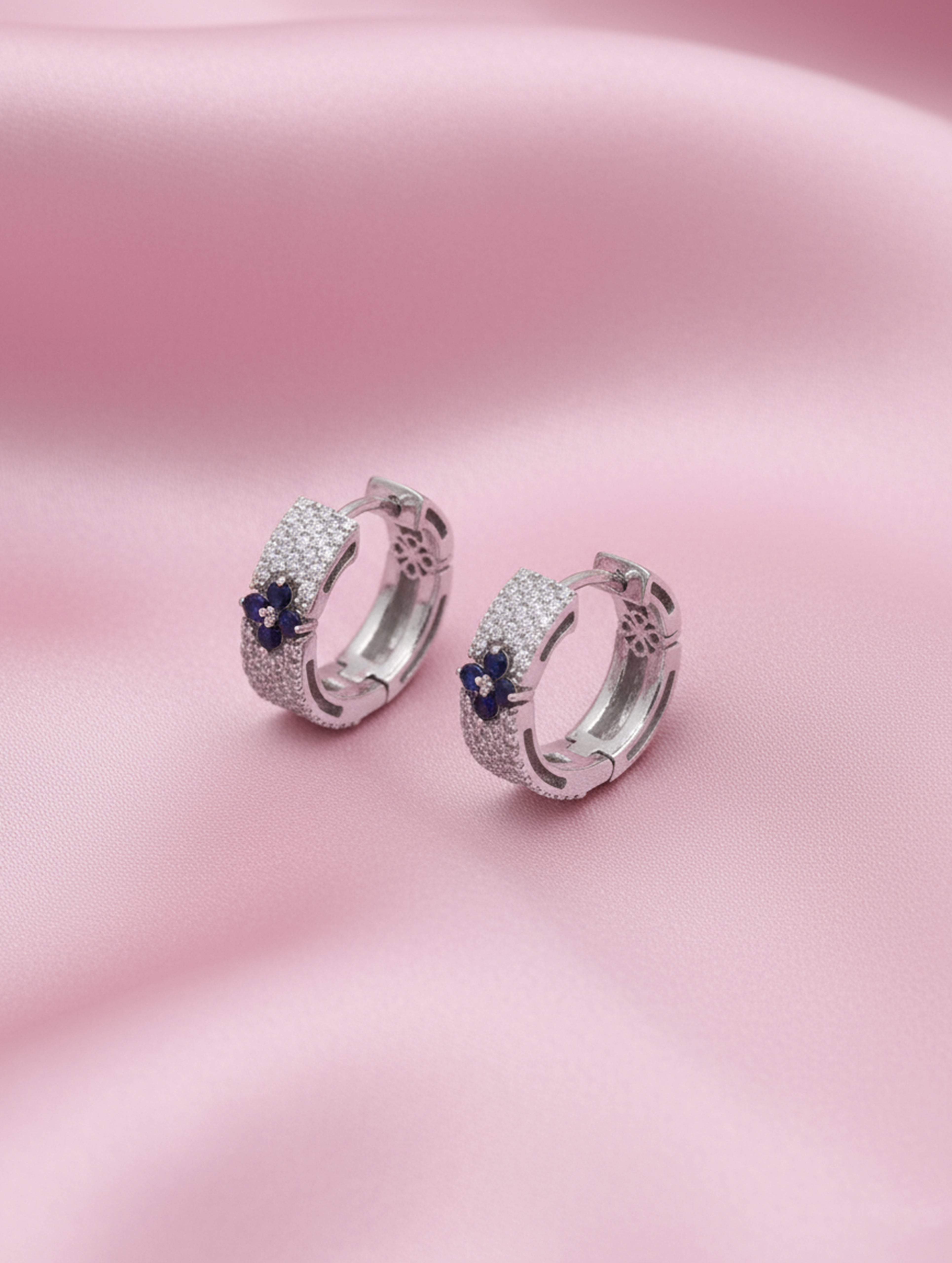 Azure Bloom 925 Silver Round Bali Earrings with White Swarovski Zircon and Blue Stone