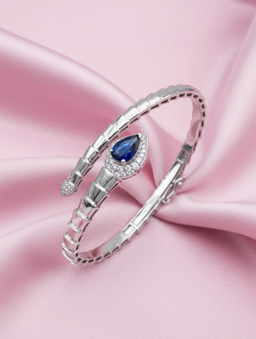 Blue Radiance 925 Silver Openable Kada Bracelet with White Swarovski Stones
