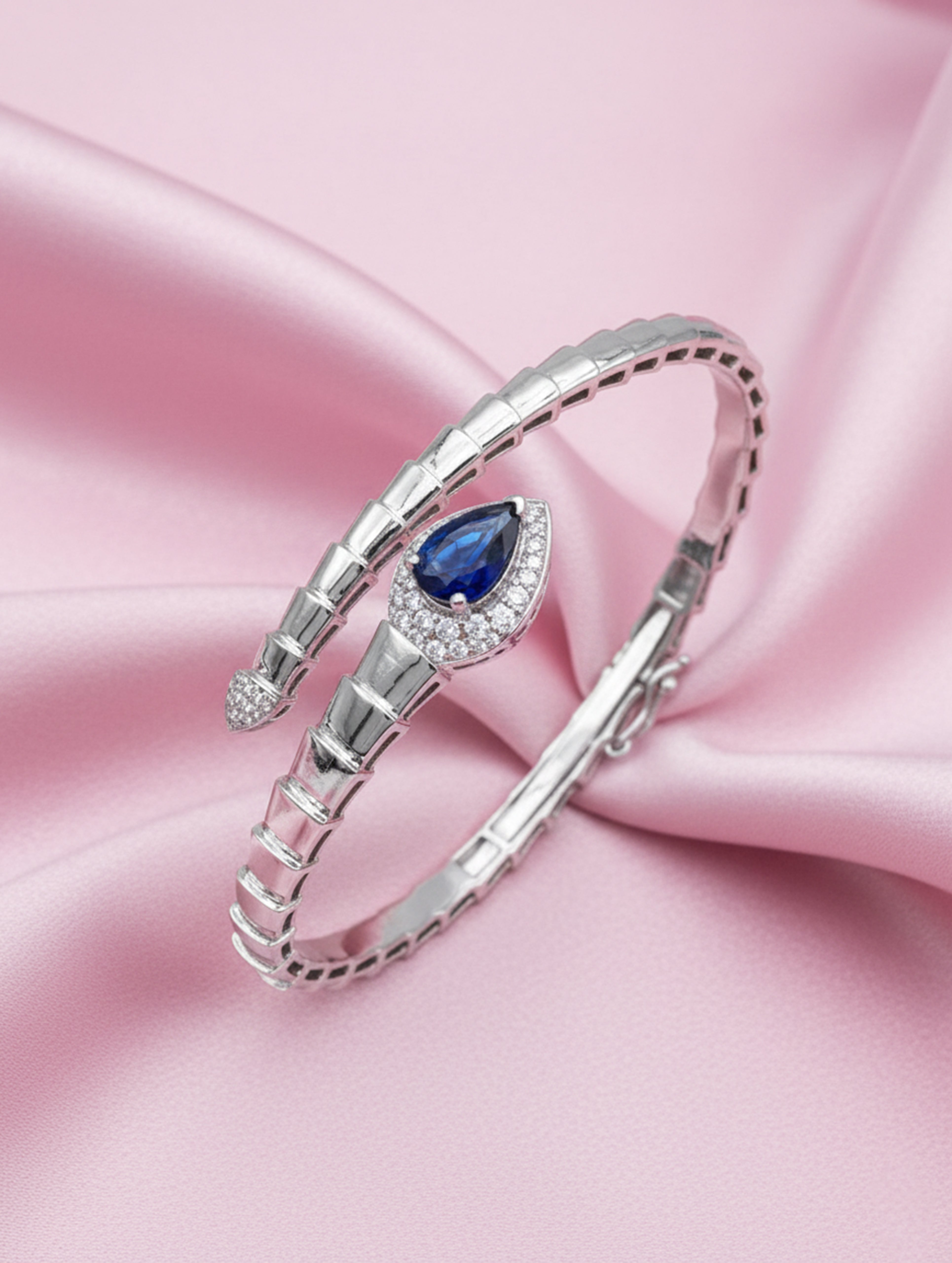 Blue Radiance 925 Silver Openable Kada Bracelet with White Swarovski Stones