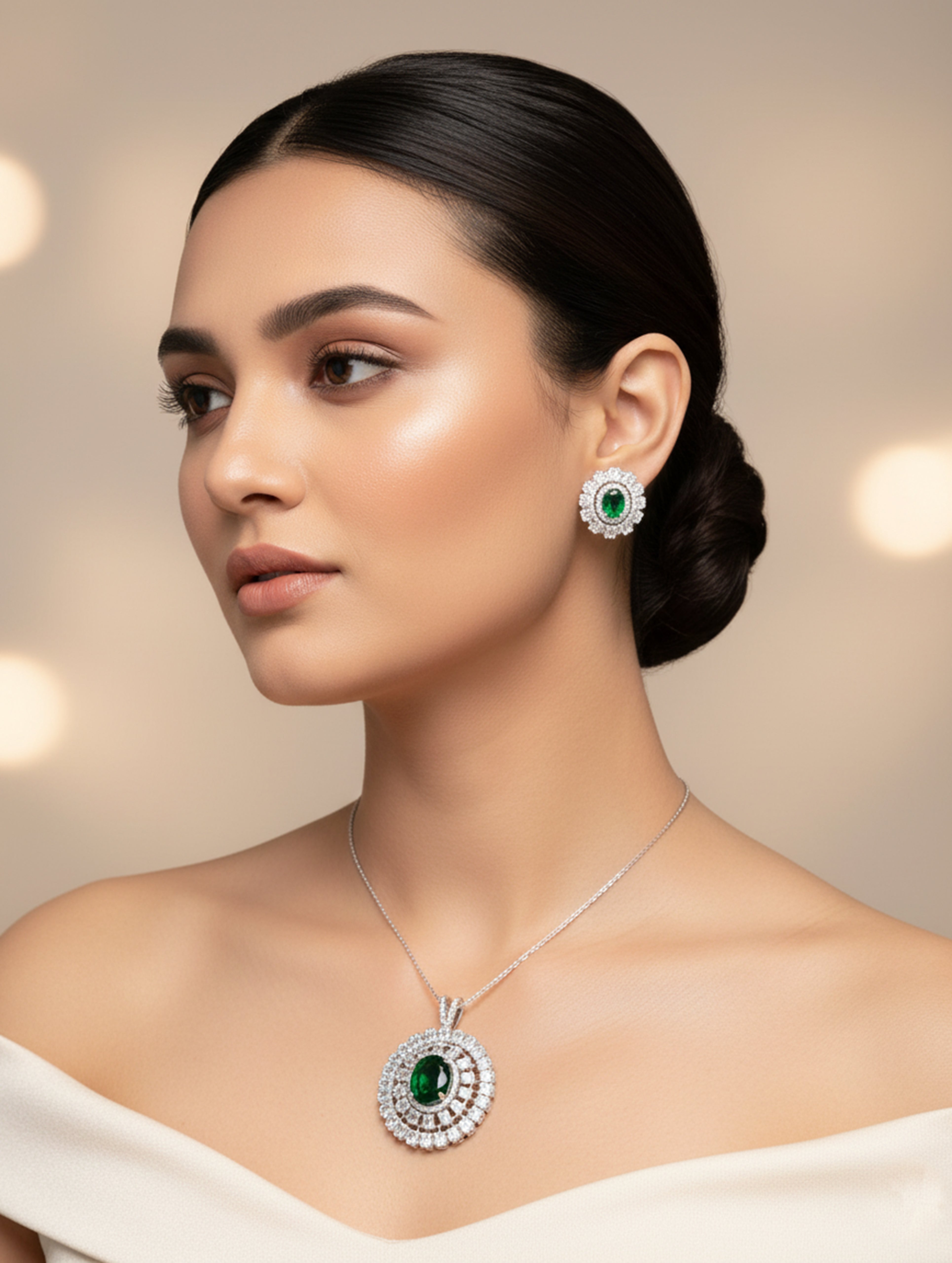 Green Stone & White Swarovski Zircon Pendant Set