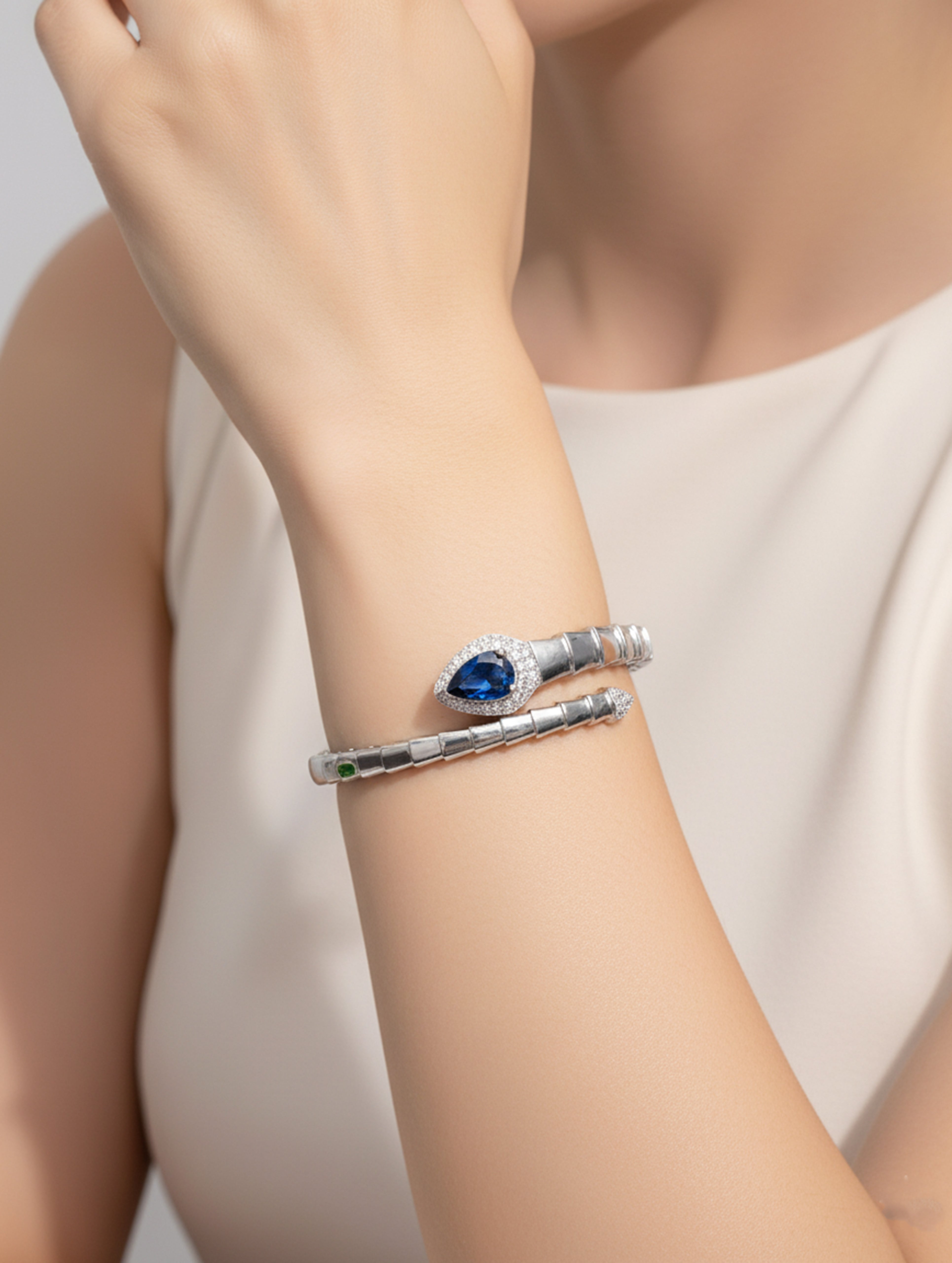 Blue Radiance 925 Silver Openable Kada Bracelet with White Swarovski Stones