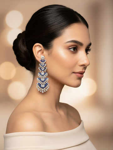 Exquisite 925 Sterling Silver Drop Earrings with Blue and White Stones
