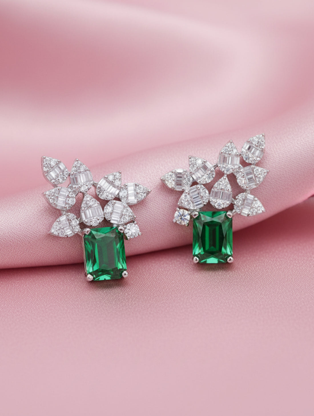 Leaf Elegance 925 Silver White & Green Stone Stud Earrings