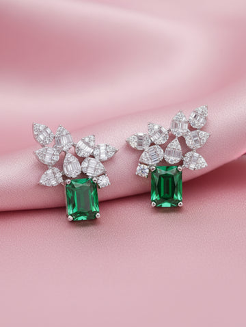 Leaf Elegance 925 Silver White & Green Stone Stud Earrings