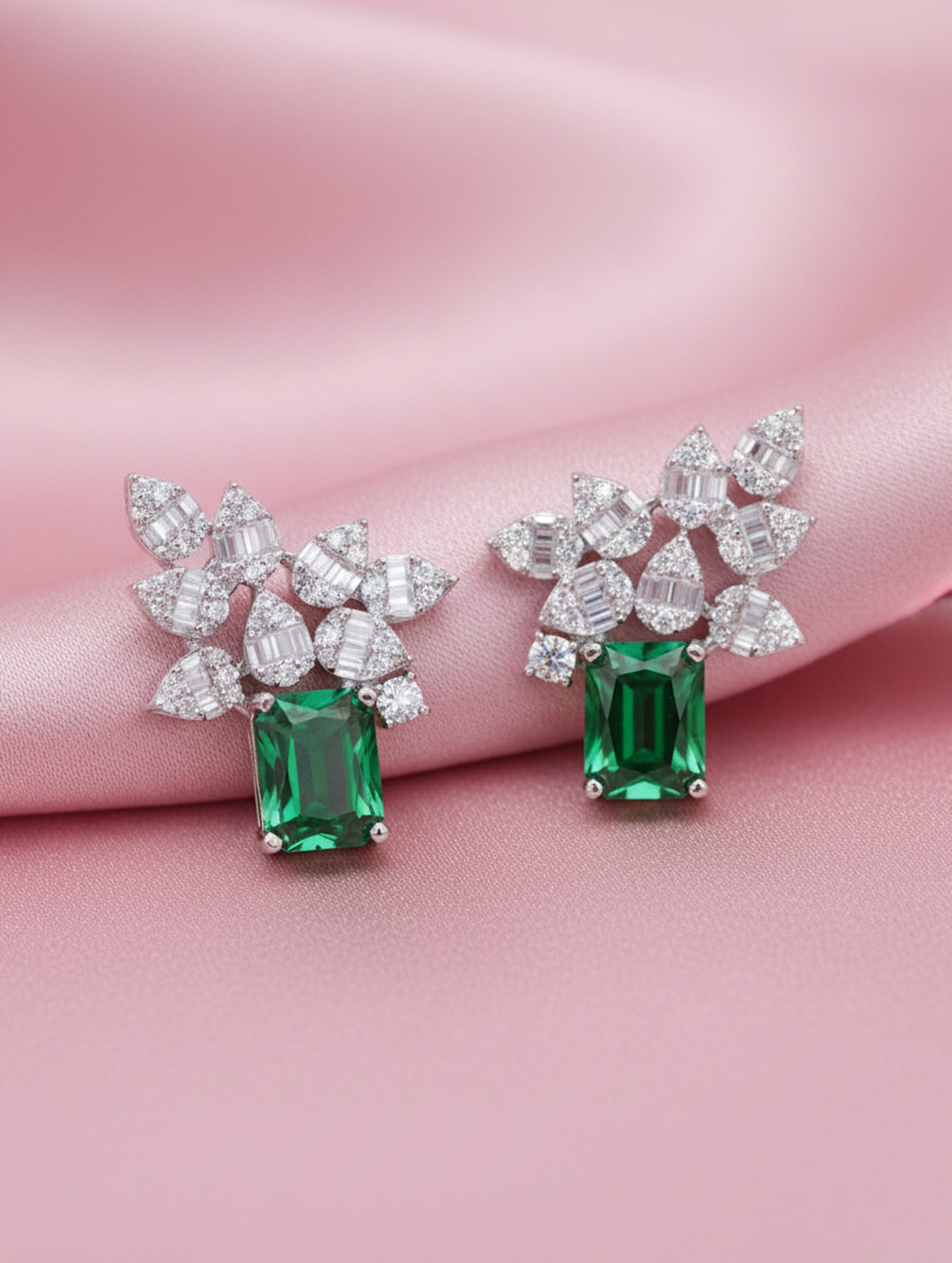 Leaf Elegance 925 Silver White & Green Stone Stud Earrings