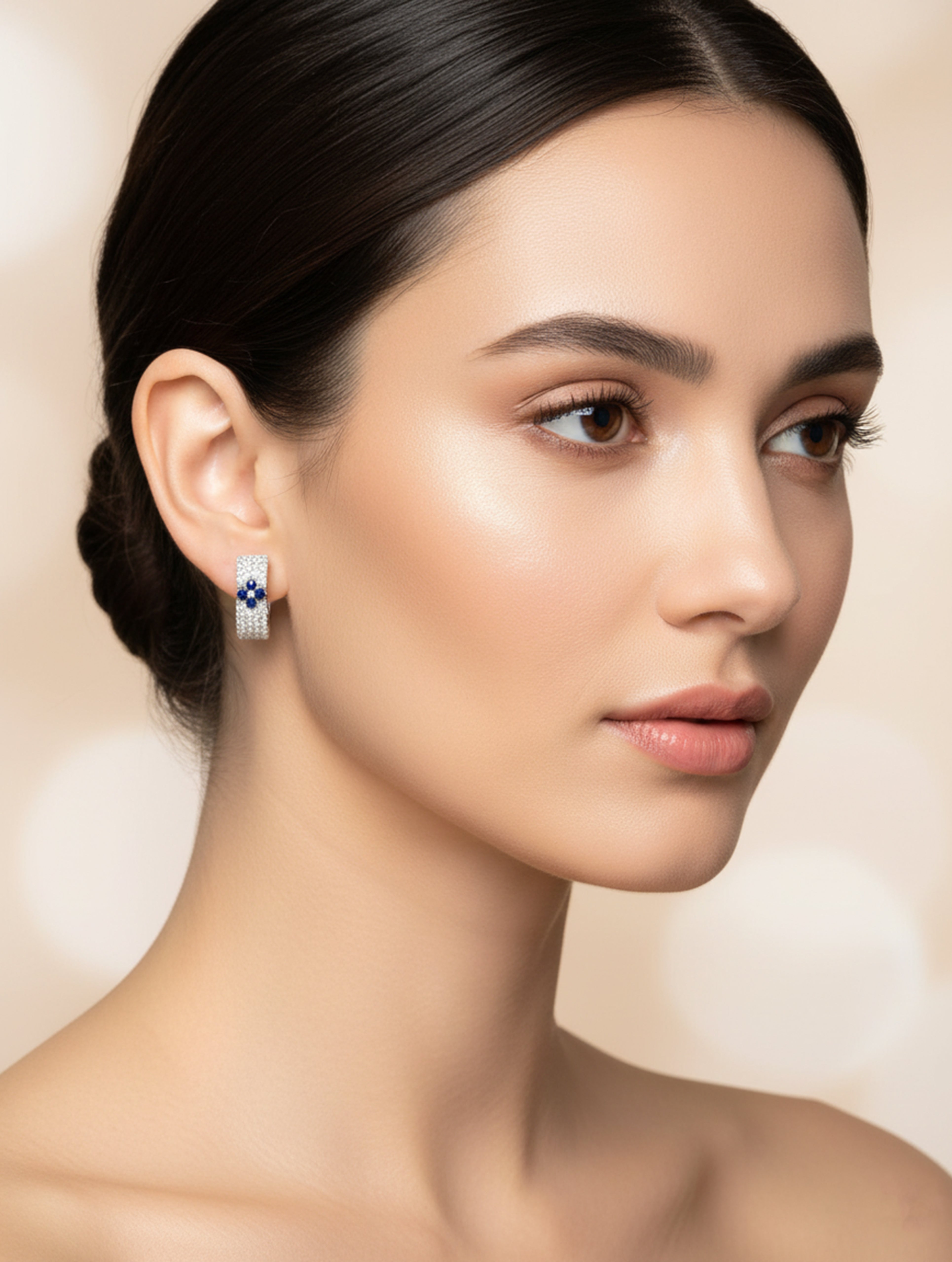 Azure Bloom 925 Silver Round Bali Earrings with White Swarovski Zircon and Blue Stone