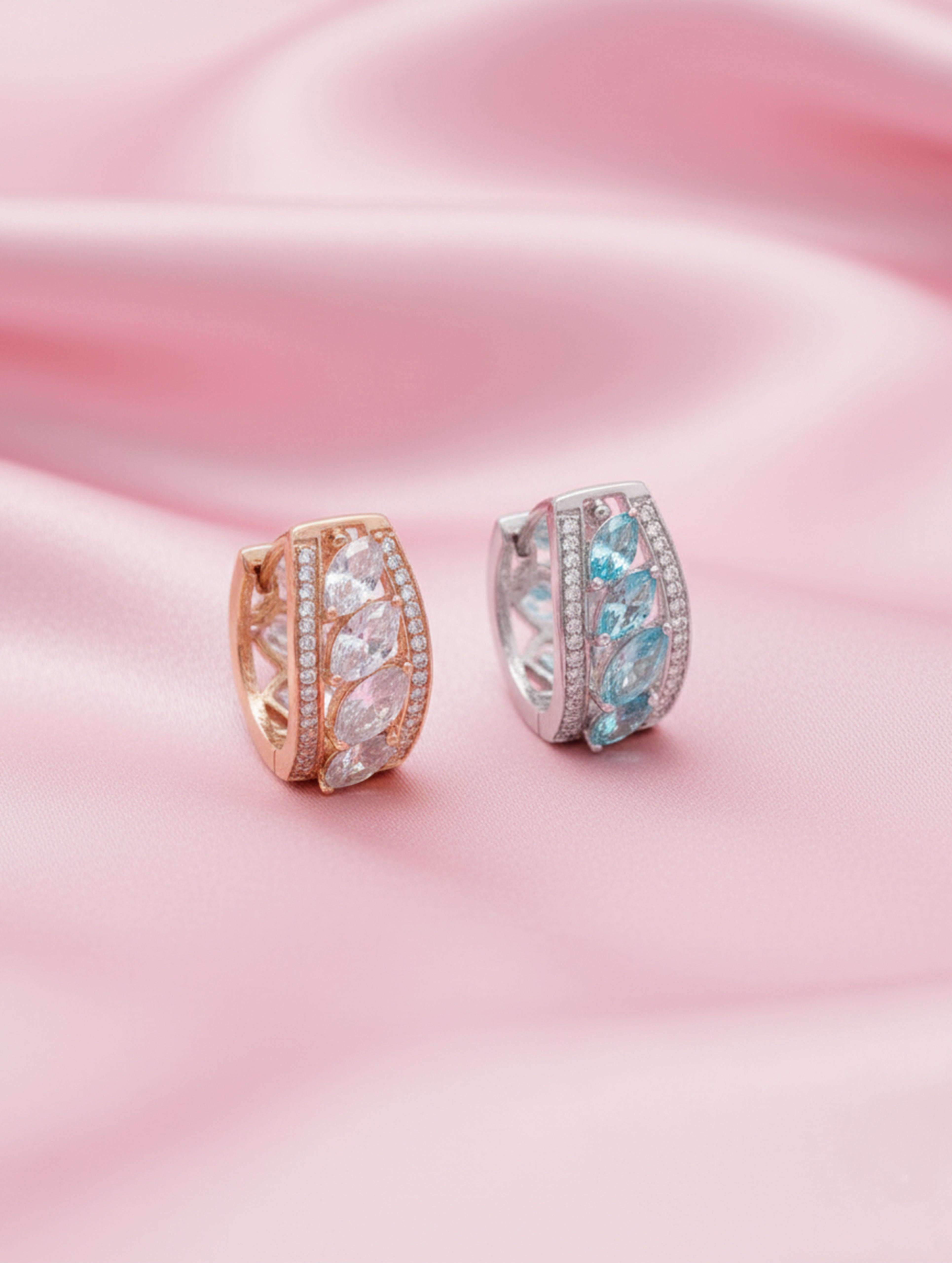 925 Sterling Silver Bali Earrings with White Swarovski Zircons and Sky-Blue Stones