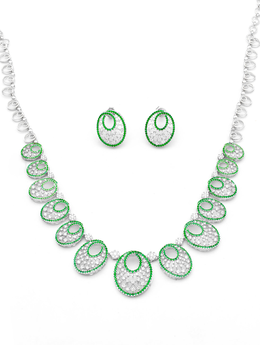 Green and white Swarovski zircon oval pendant necklace and earrings set for women, festive jewellery Dubai UAE

