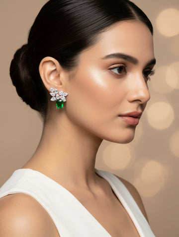Leaf Elegance 925 Silver White & Green Stone Stud Earrings