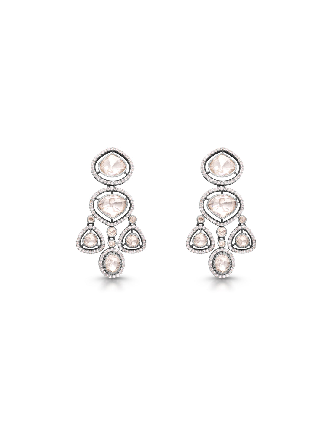 Pair of chandelier earrings with clear and pink gemstones on a white background