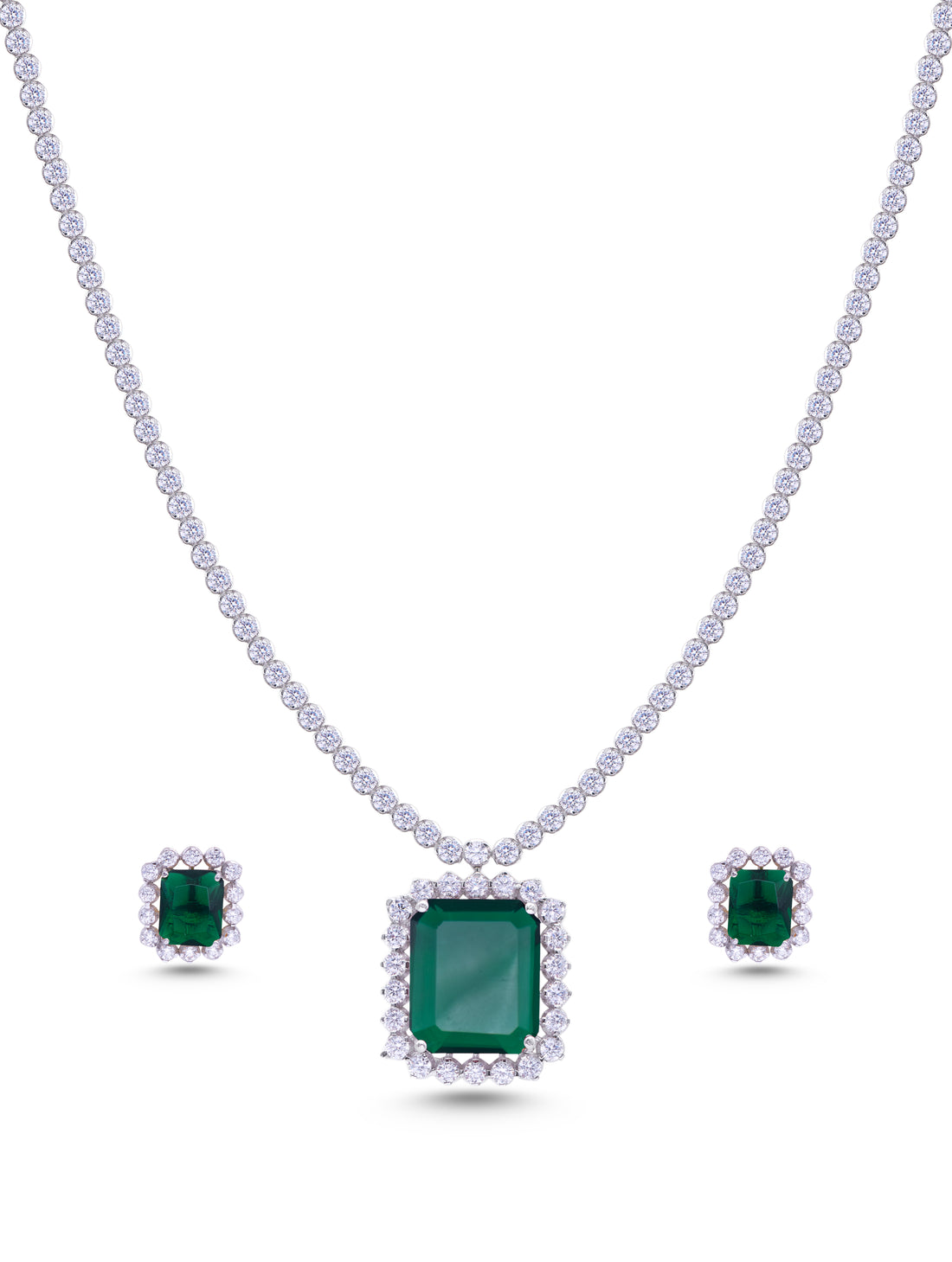 Emerald-cut green stone silver necklace and earrings set with white Swarovski necklace Dubai UAE
