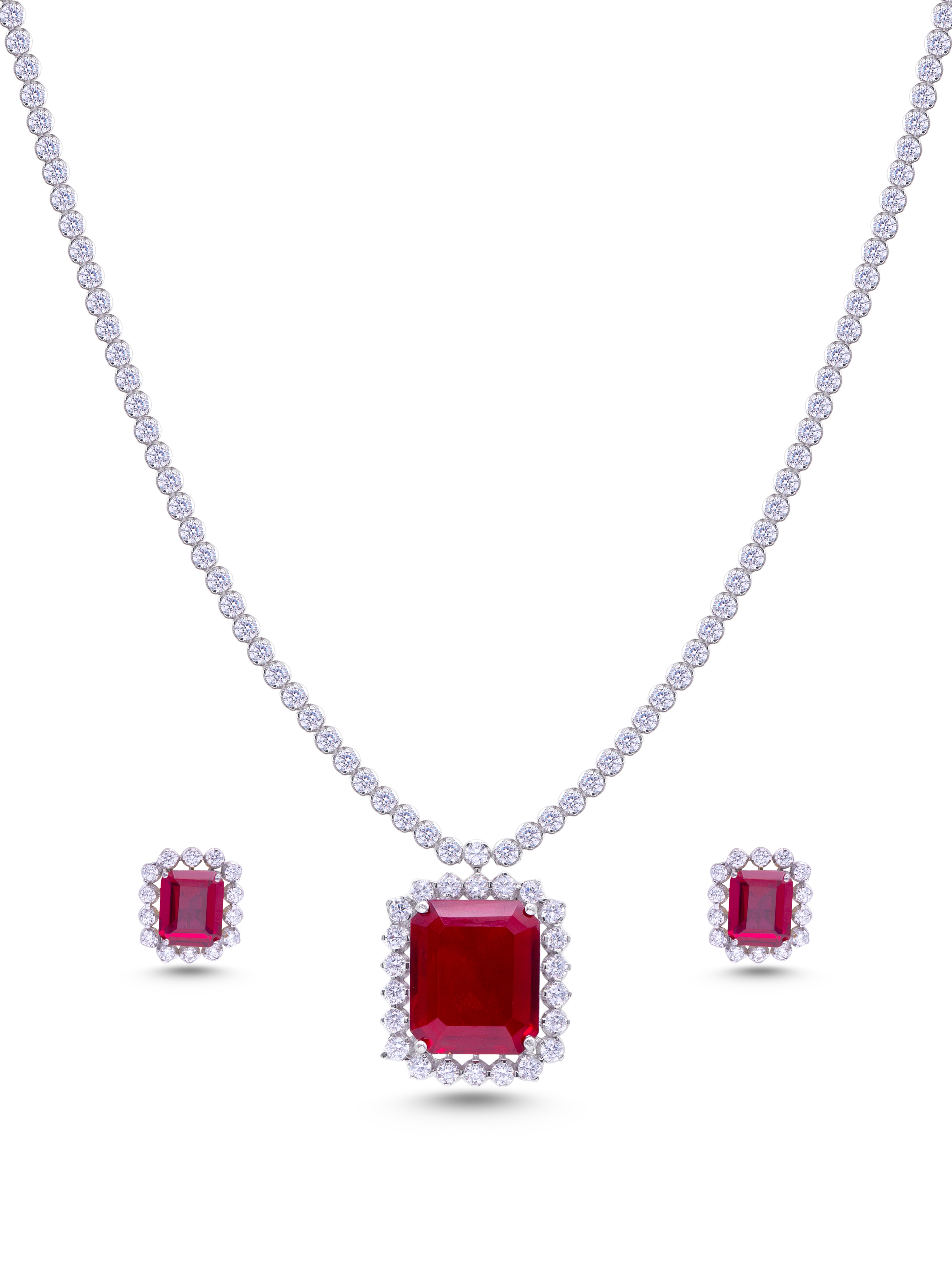 Emerald-cut red stone silver necklace and earrings set with white Swarovski zircon halo, luxury jewellery for women Dubai UAE