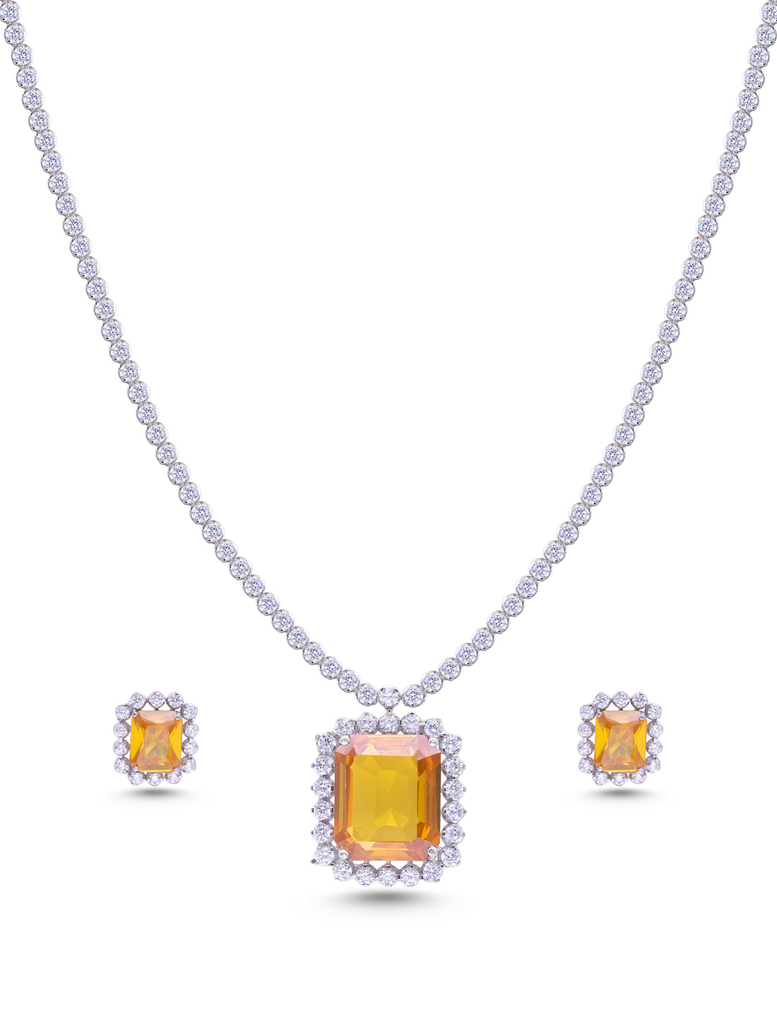 Emerald-cut yellow stone silver necklace and earrings set with white Swarovski Necklace zircon halo, premium jewellery for women Dubai