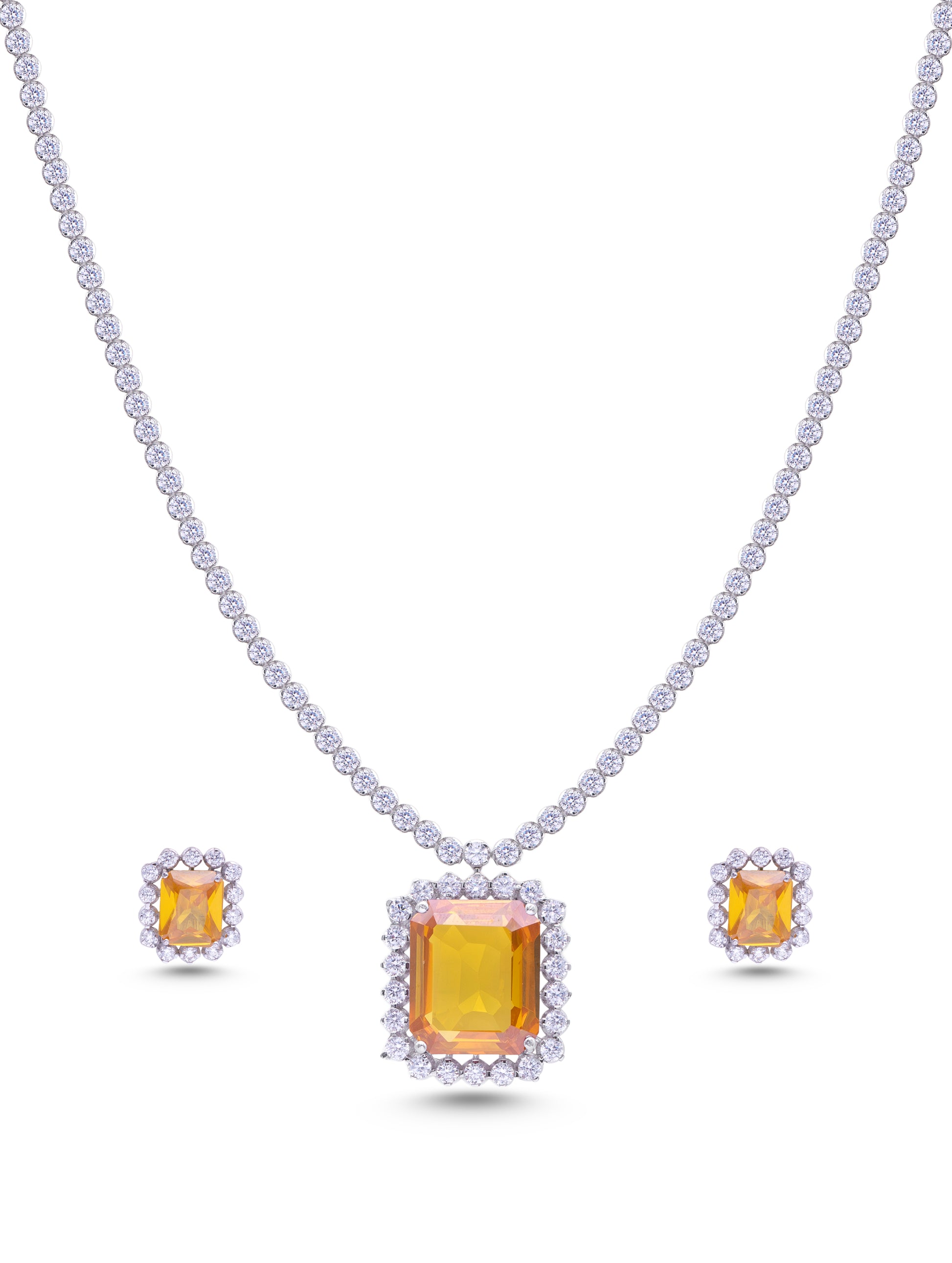 Emerald-cut yellow stone silver necklace and earrings set with white Swarovski Necklace zircon halo, premium jewellery for women Dubai