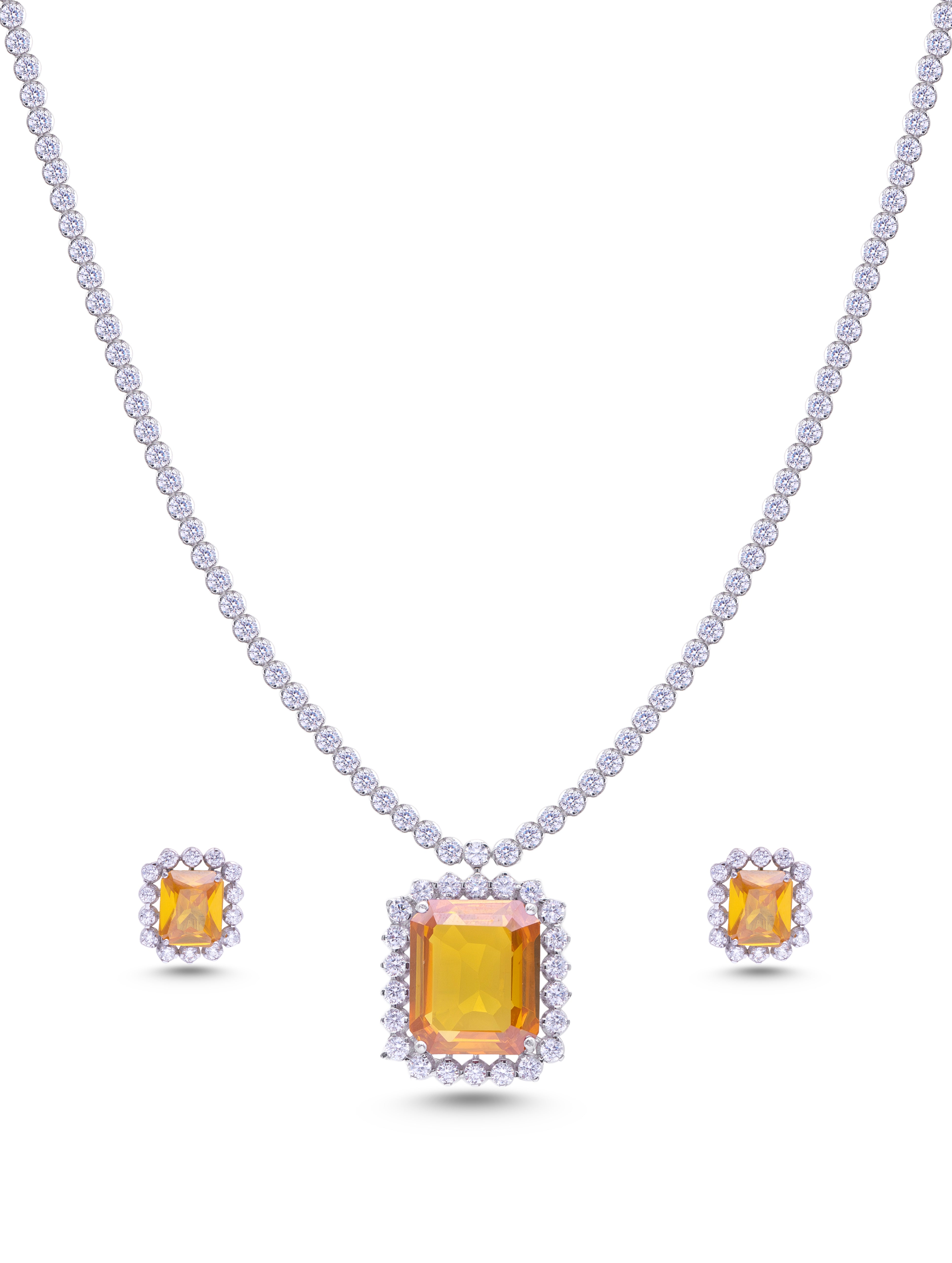 Emerald-cut yellow stone silver necklace and earrings set with white Swarovski Necklace zircon halo, premium jewellery for women Dubai