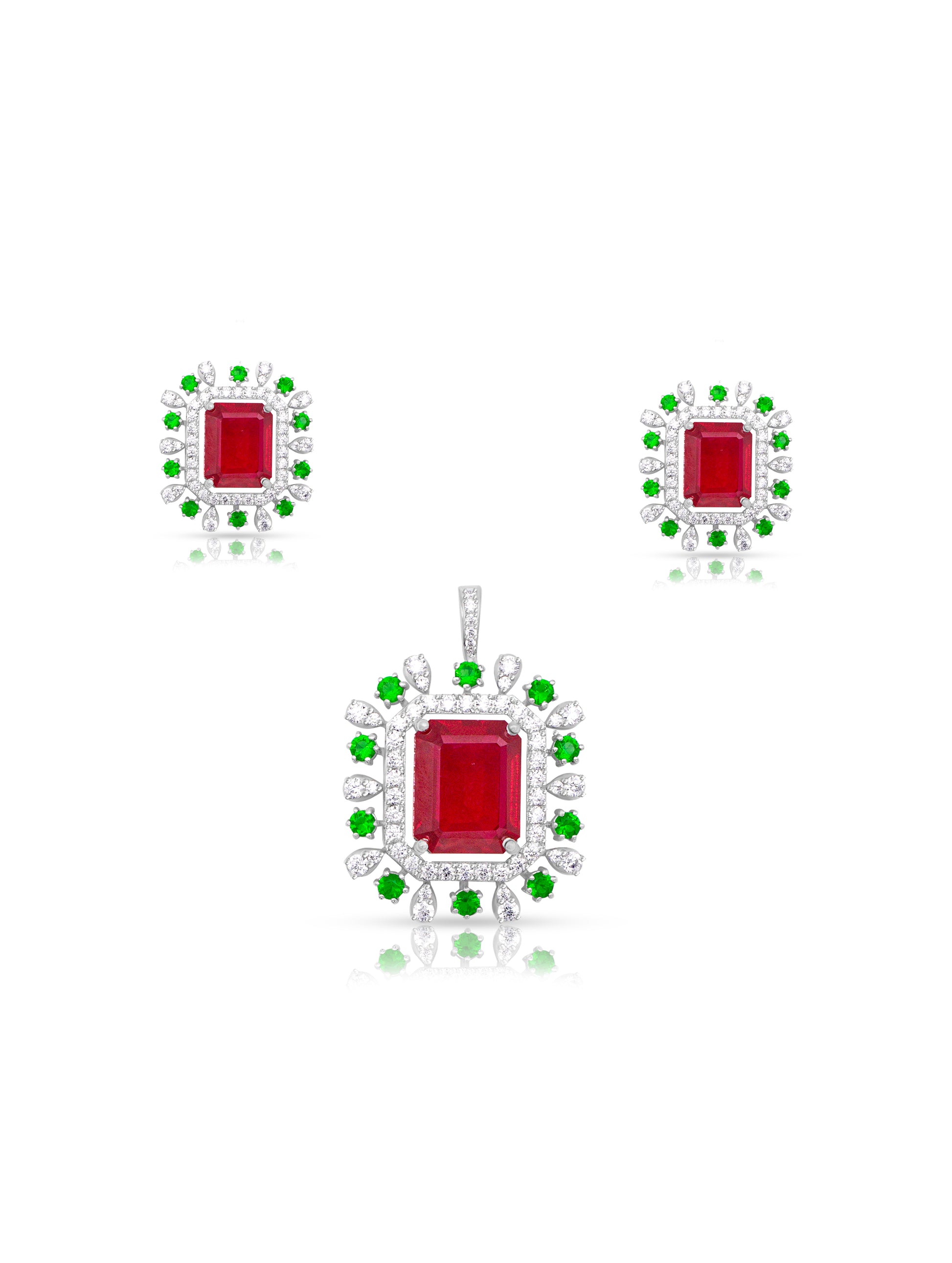 Red and green stone rectangular pendant and earrings set with Swarovski zircon for women