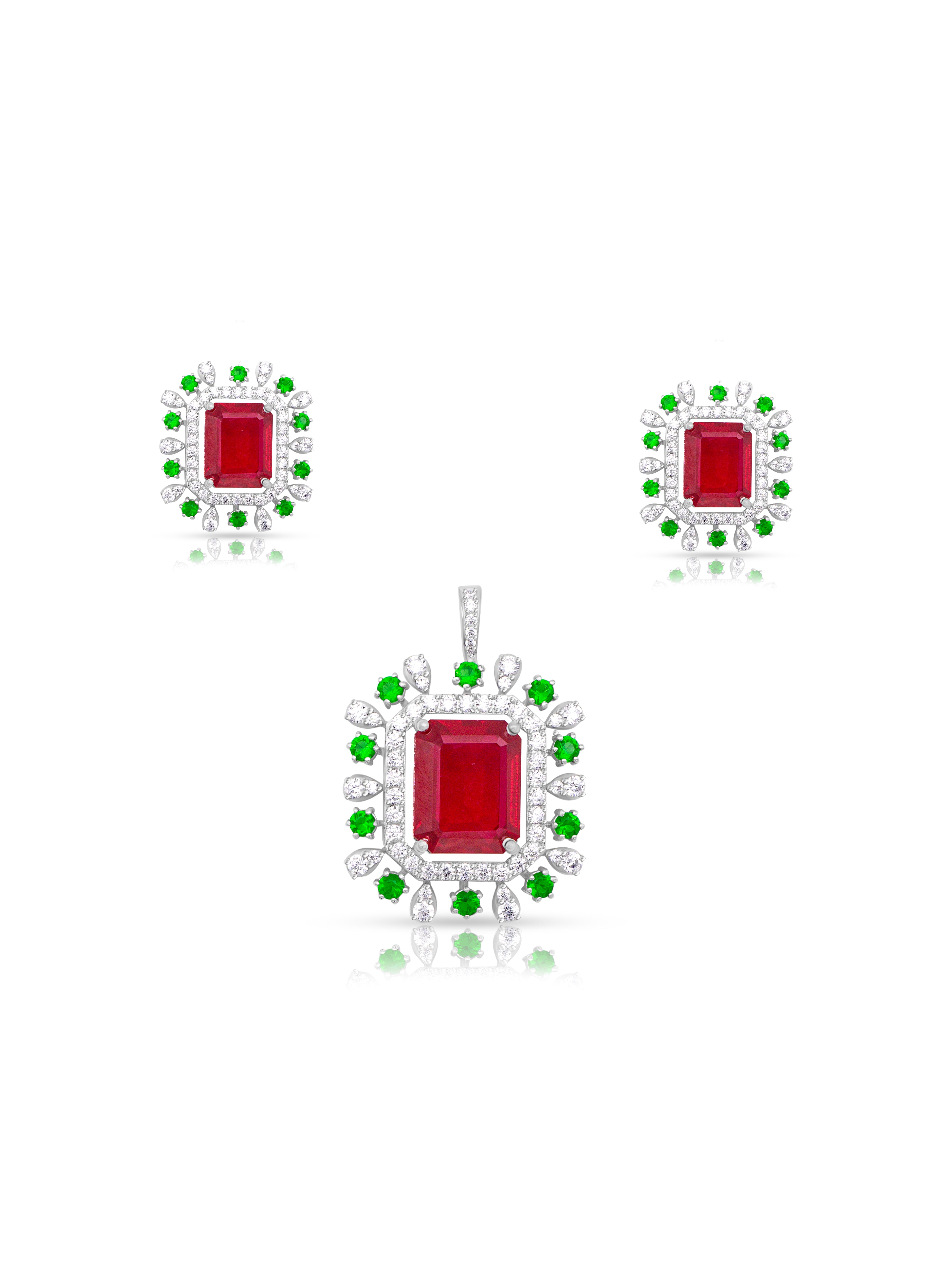 Red and green stone rectangular pendant and earrings set with Swarovski zircon for women