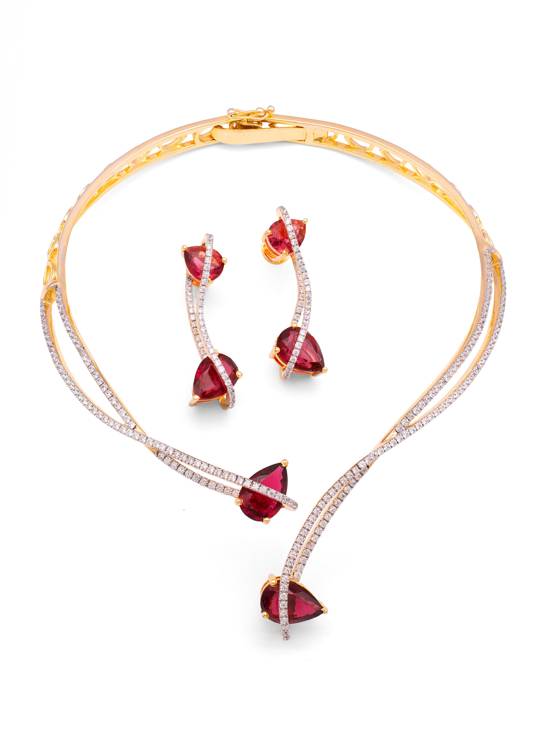 Gold tone red stone necklace and earrings set for women with certified Swarovski zircon, premium party wear jewellery Dubai UAE