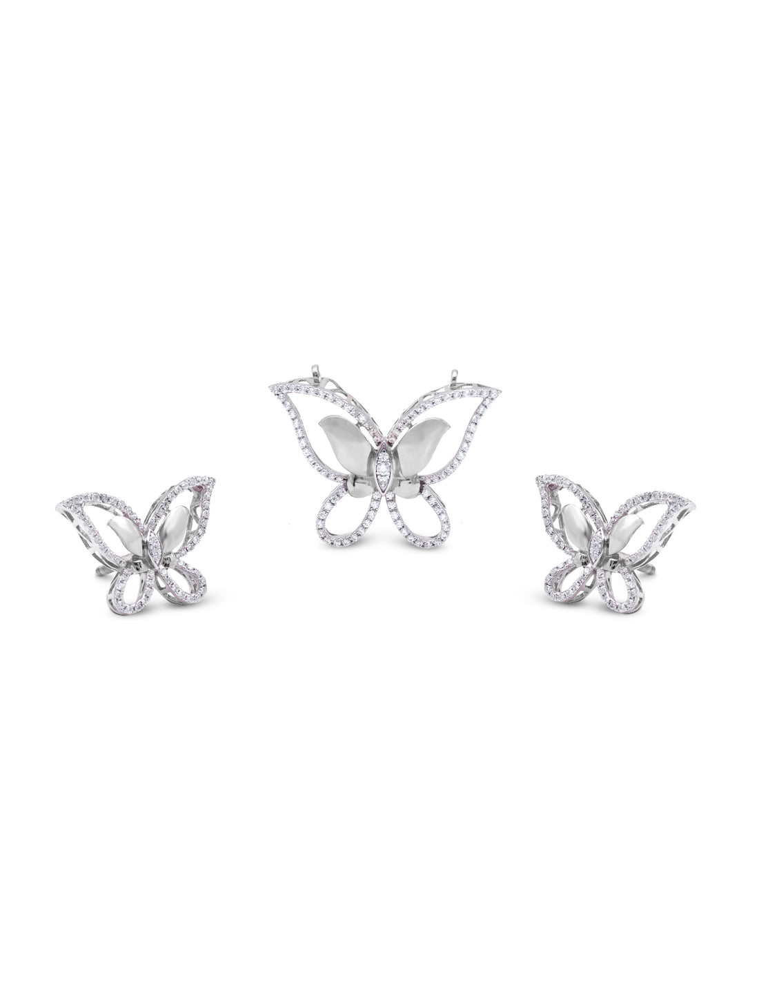 Silver butterfly pendant and earrings set with white Swarovski zircon for women in Dubai