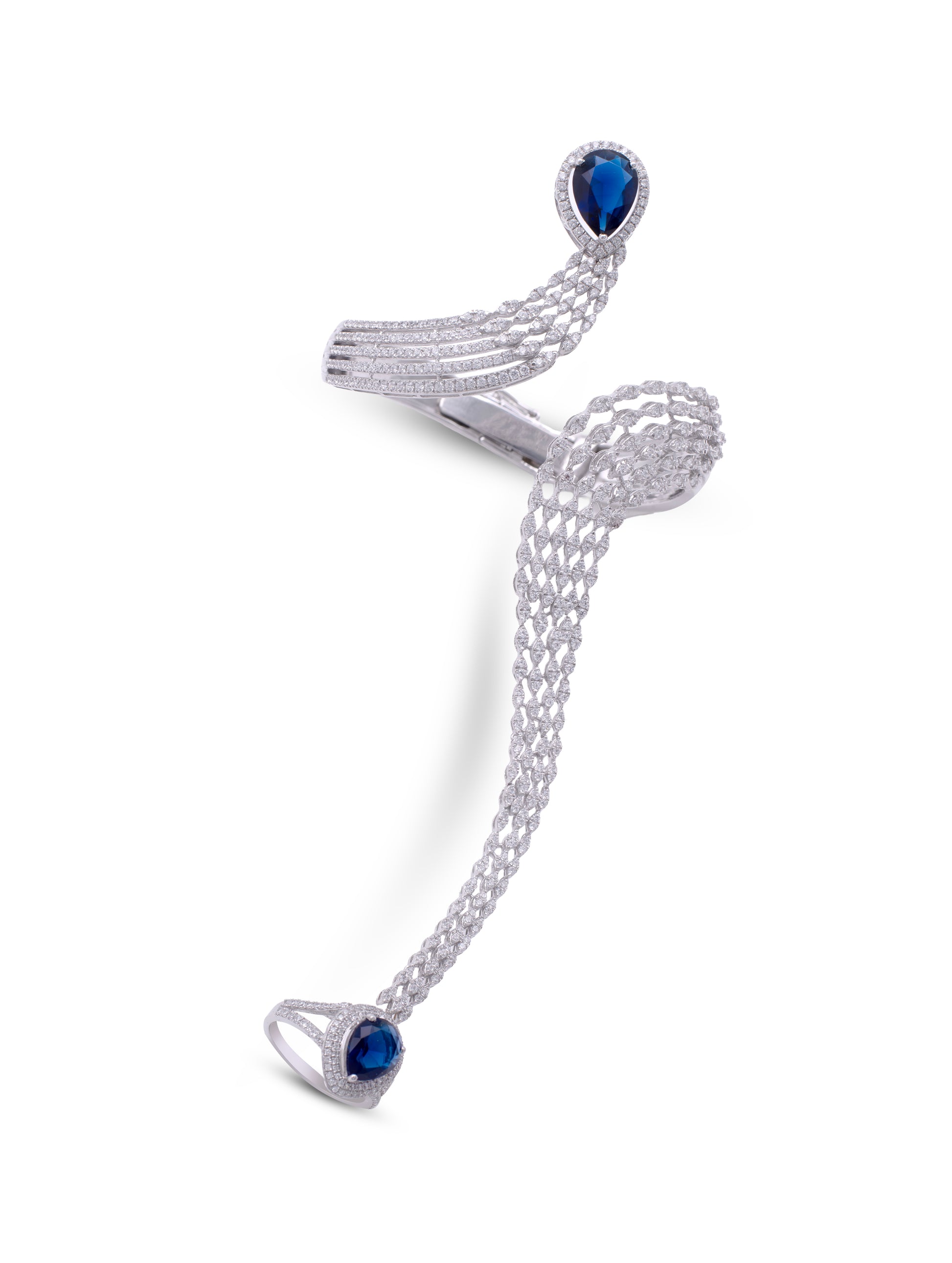 925 silver hand harness bracelet with ring featuring Swarovski Zircon and blue stone, free shipping in Dubai