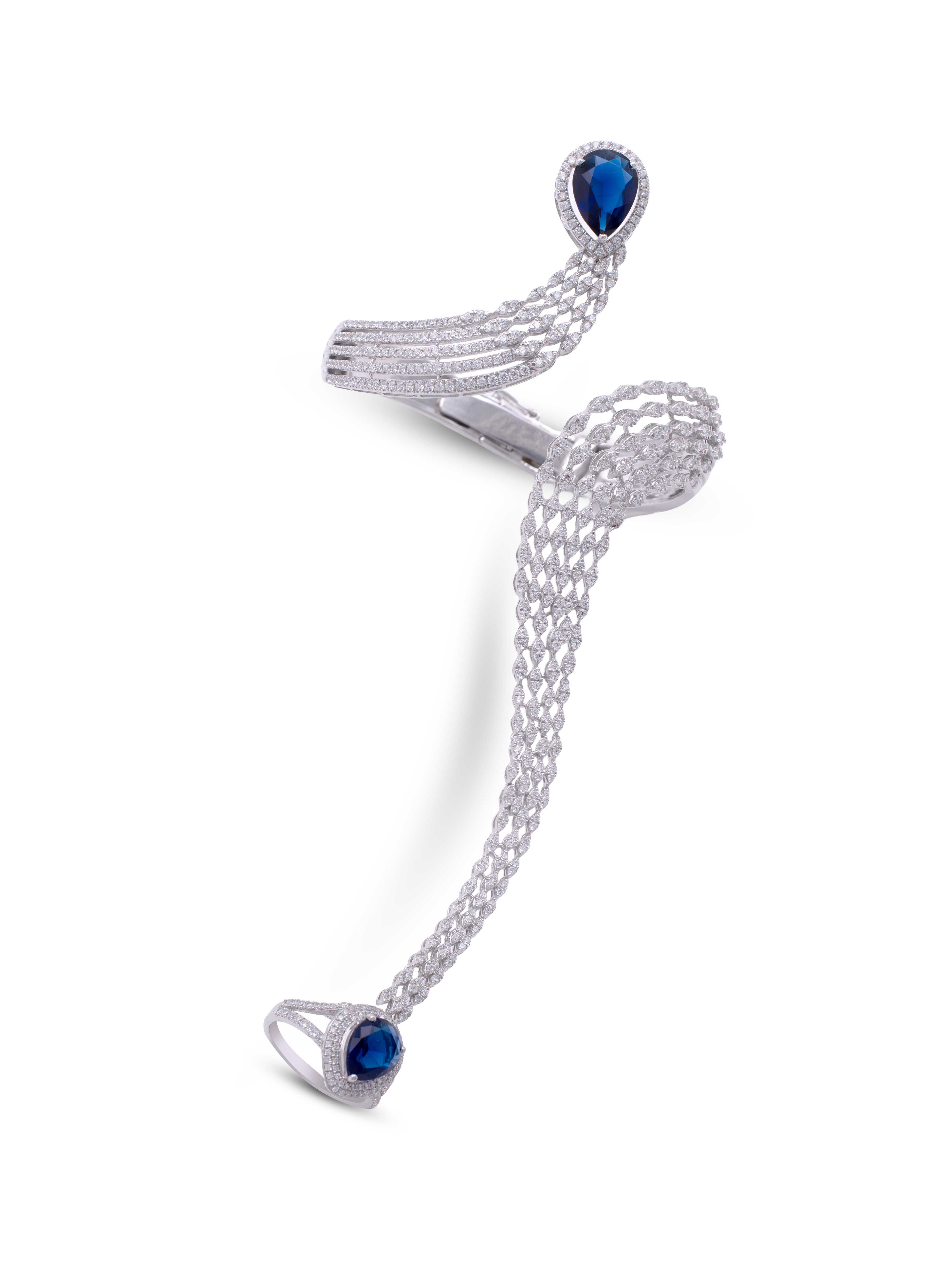 925 silver hand harness bracelet with ring featuring Swarovski Zircon and blue stone, free shipping in Dubai