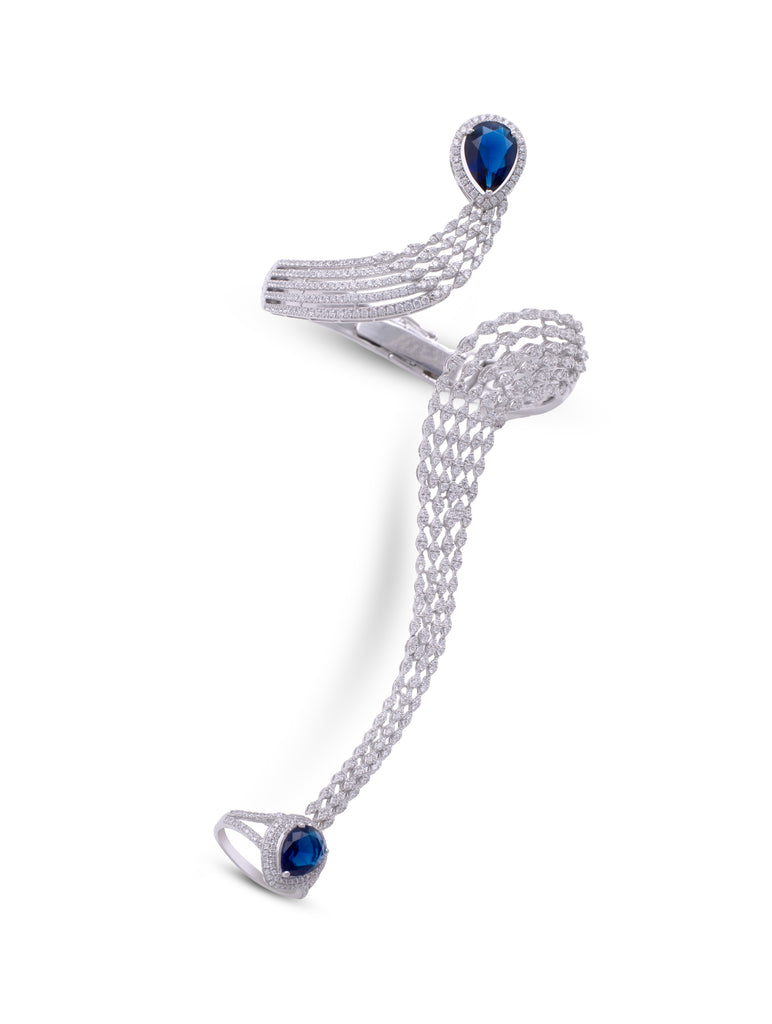 925 silver hand harness bracelet with ring featuring Swarovski Zircon and blue stone, free shipping in Dubai