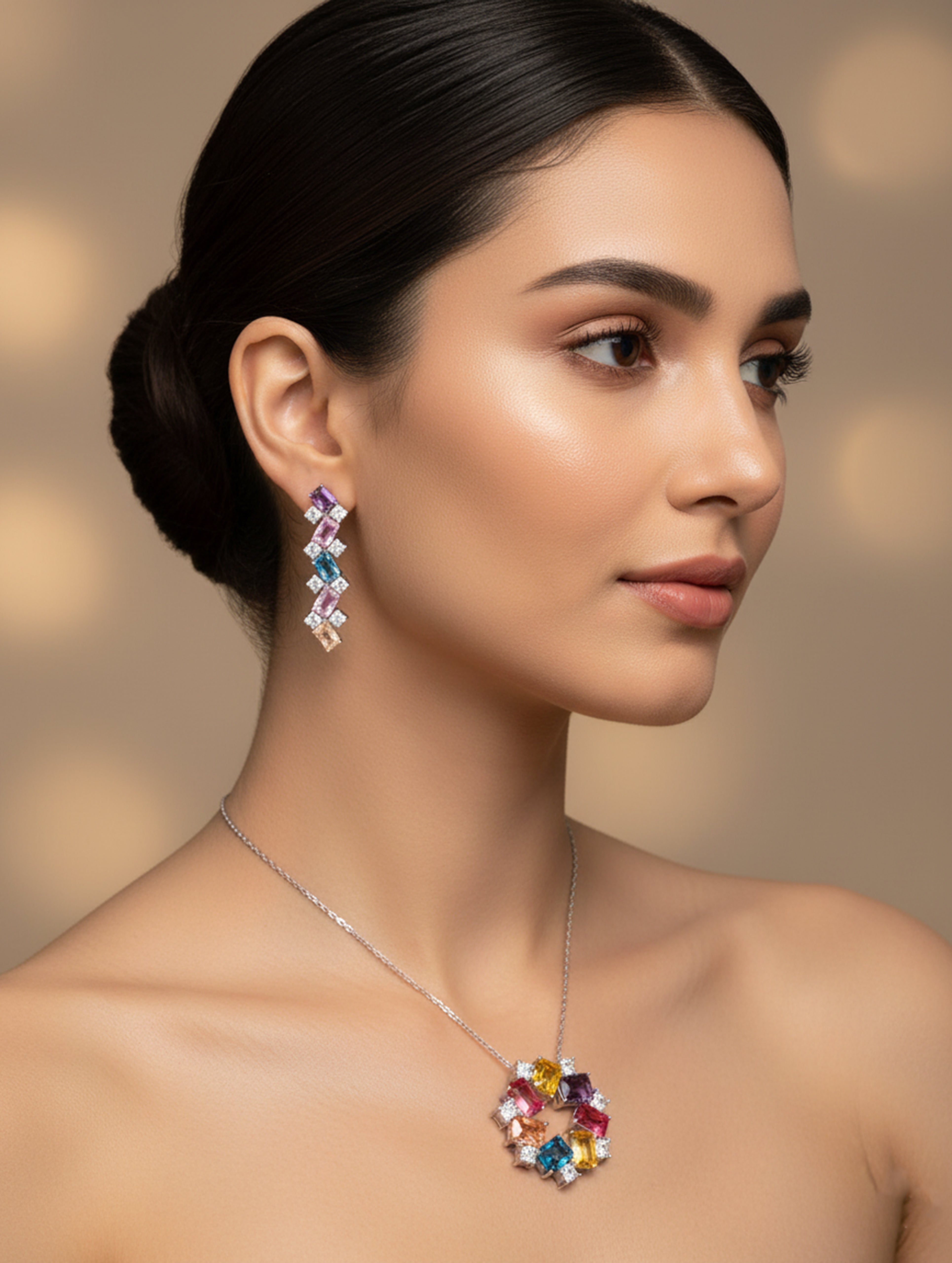 Radiant Harmony 925 Silver Pendant Set with Multi-Colored Semi-Precious Stones